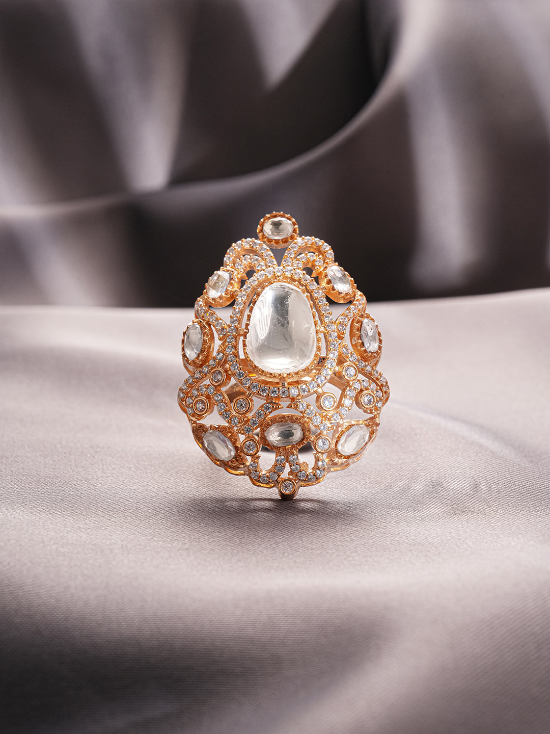 Gold Plated Kundan  Moissanite Studded Filigree Luxe Tilak Shaped Cocktail Finger Ring