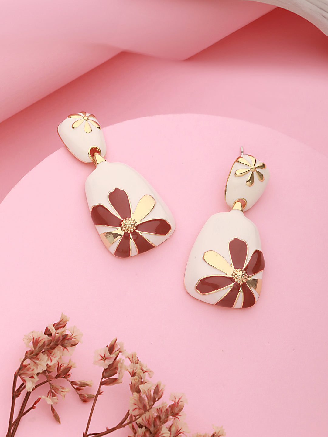 Anti-Tarnish Gold Plated & Enamelled Leaf Design Luxe Drop Earrings