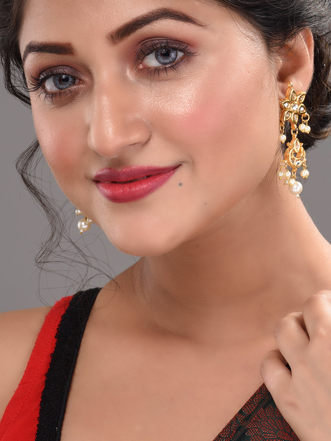 Gold Plated Kundan Studded Floral Chand Earrings