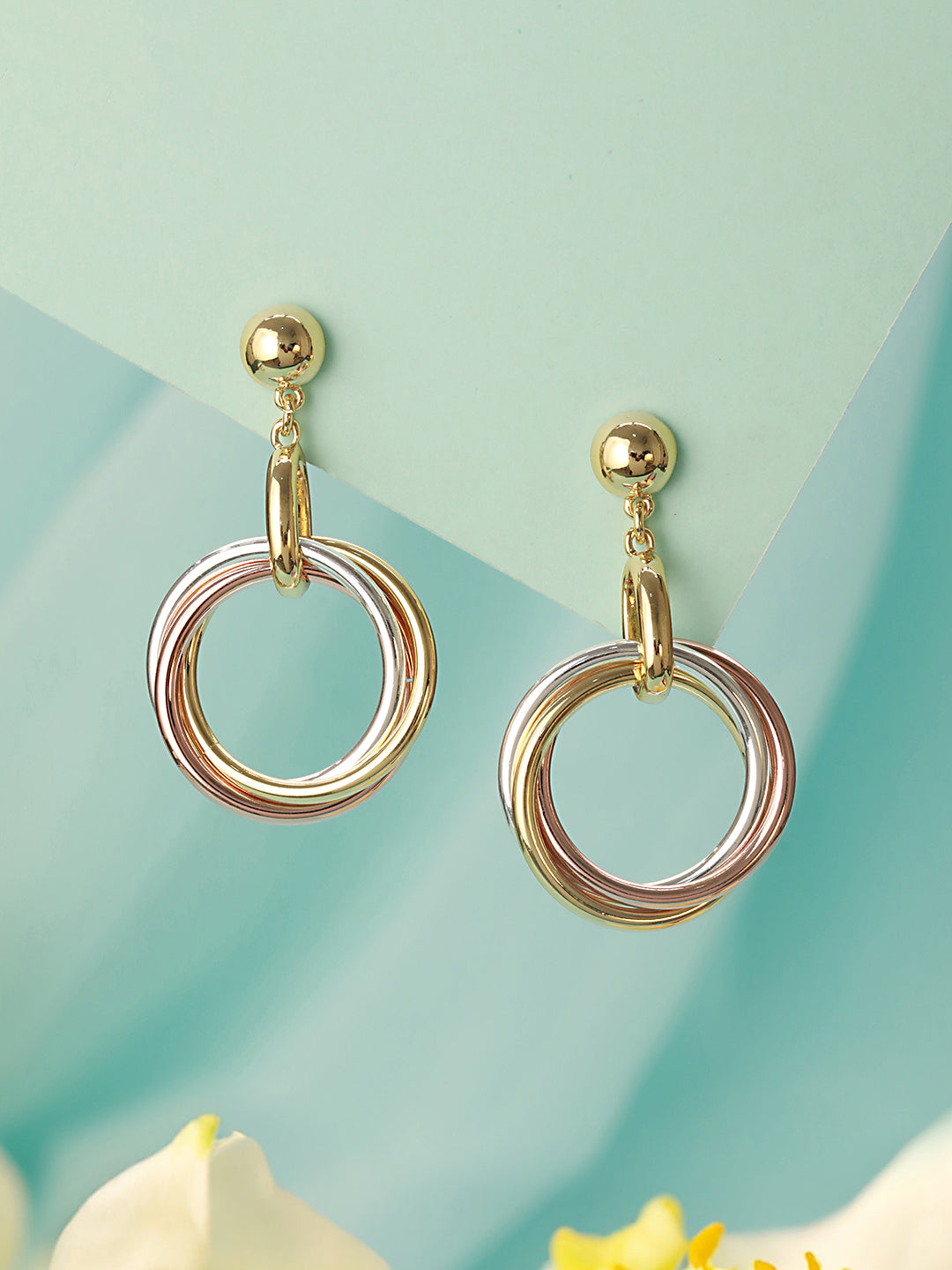 Anti-Tarnish 3 Toned Gold Plated Twisted Round Double Circle Chunky Drop Hoop Earrings