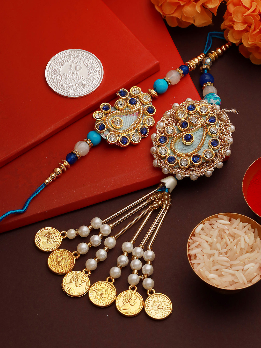 Set of 2 Stone Studded Designer handcrafted Lumba Rakhi set with 10 gram Shri Laxmi round 999 Round Silver Coin