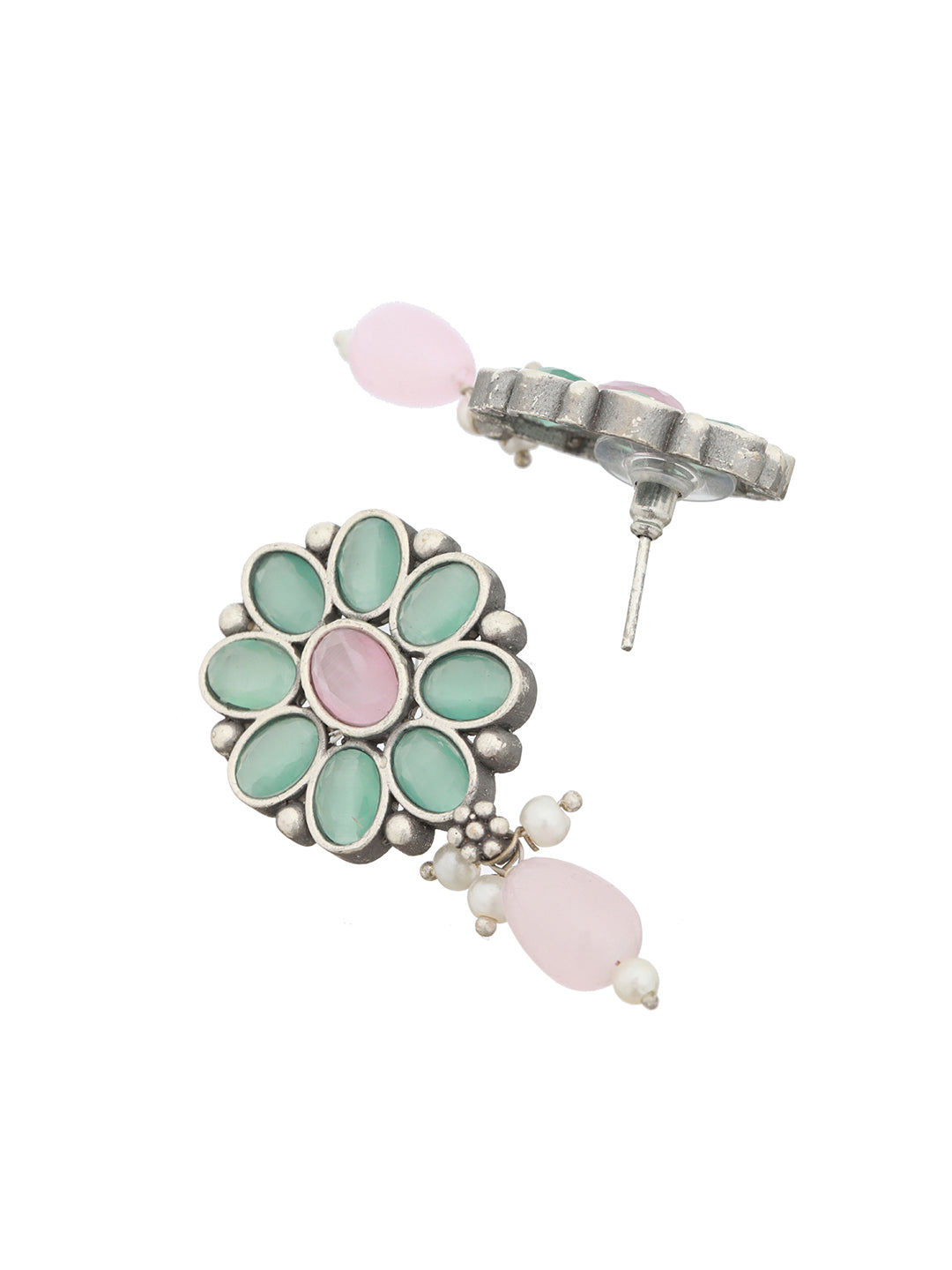 Oxidised Green Stone Studded & Pink Pearl beaded Pendant Jewellery  Set