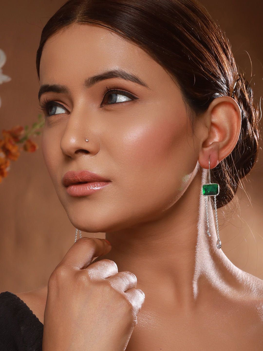 Silver Plated Green Crystal Dropdown Minimal Fishhook Earrings