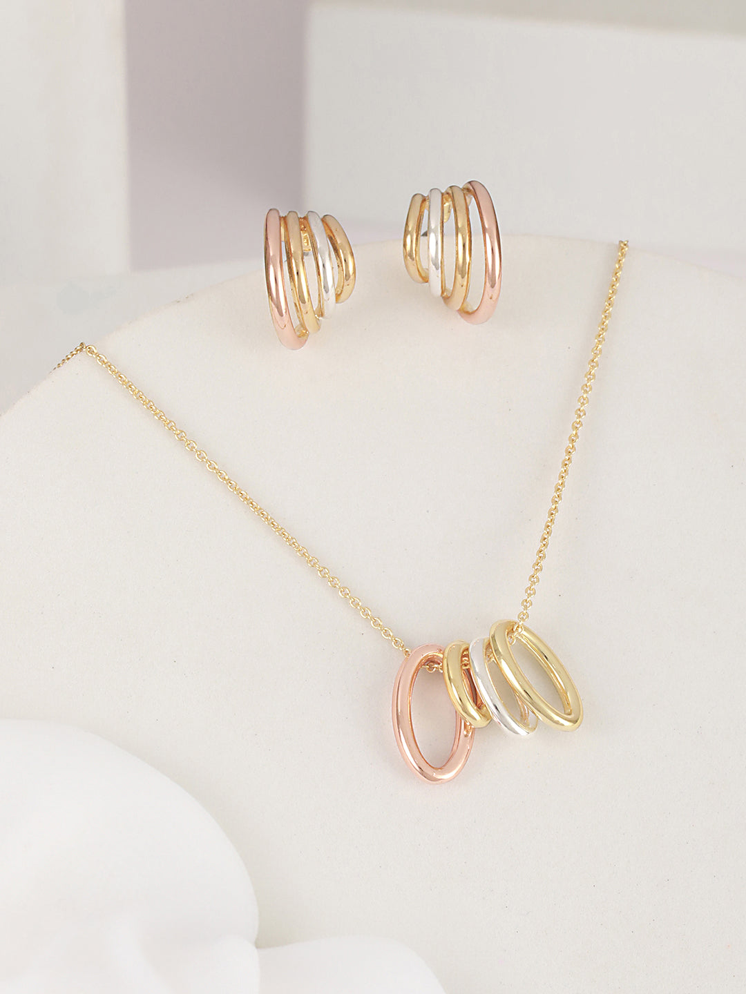 Anti-Tarnish Triple Tone Chunky halo Earrings & Pendant Jewellery Set