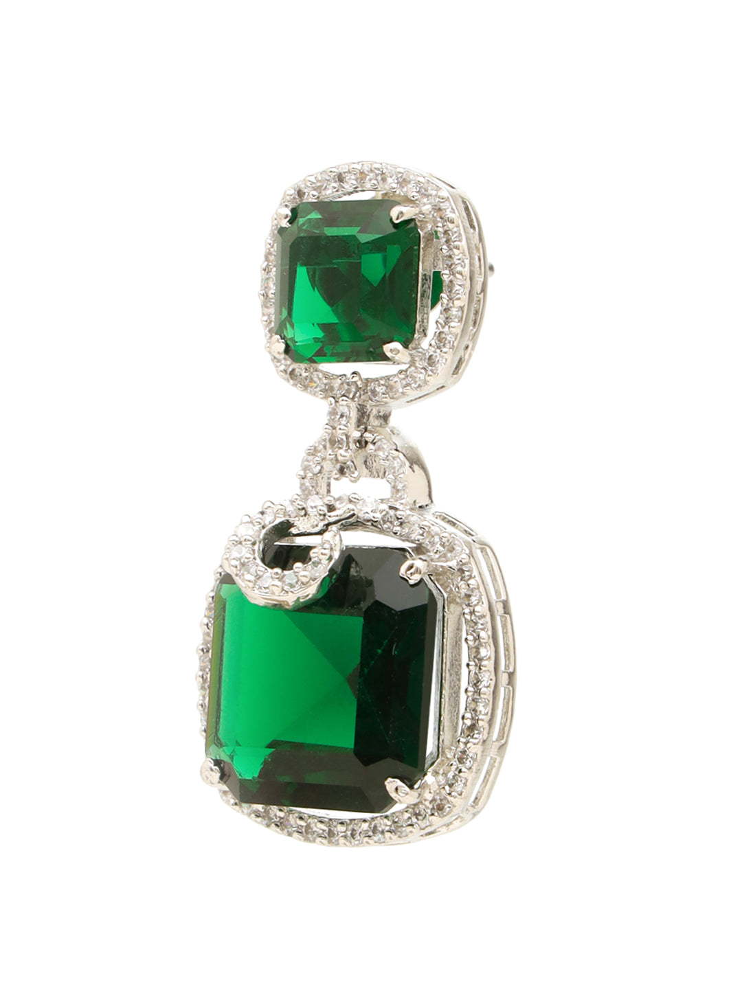 Silver  Toned  Royal Green AD Studded Statement Earrings for Women & Girls