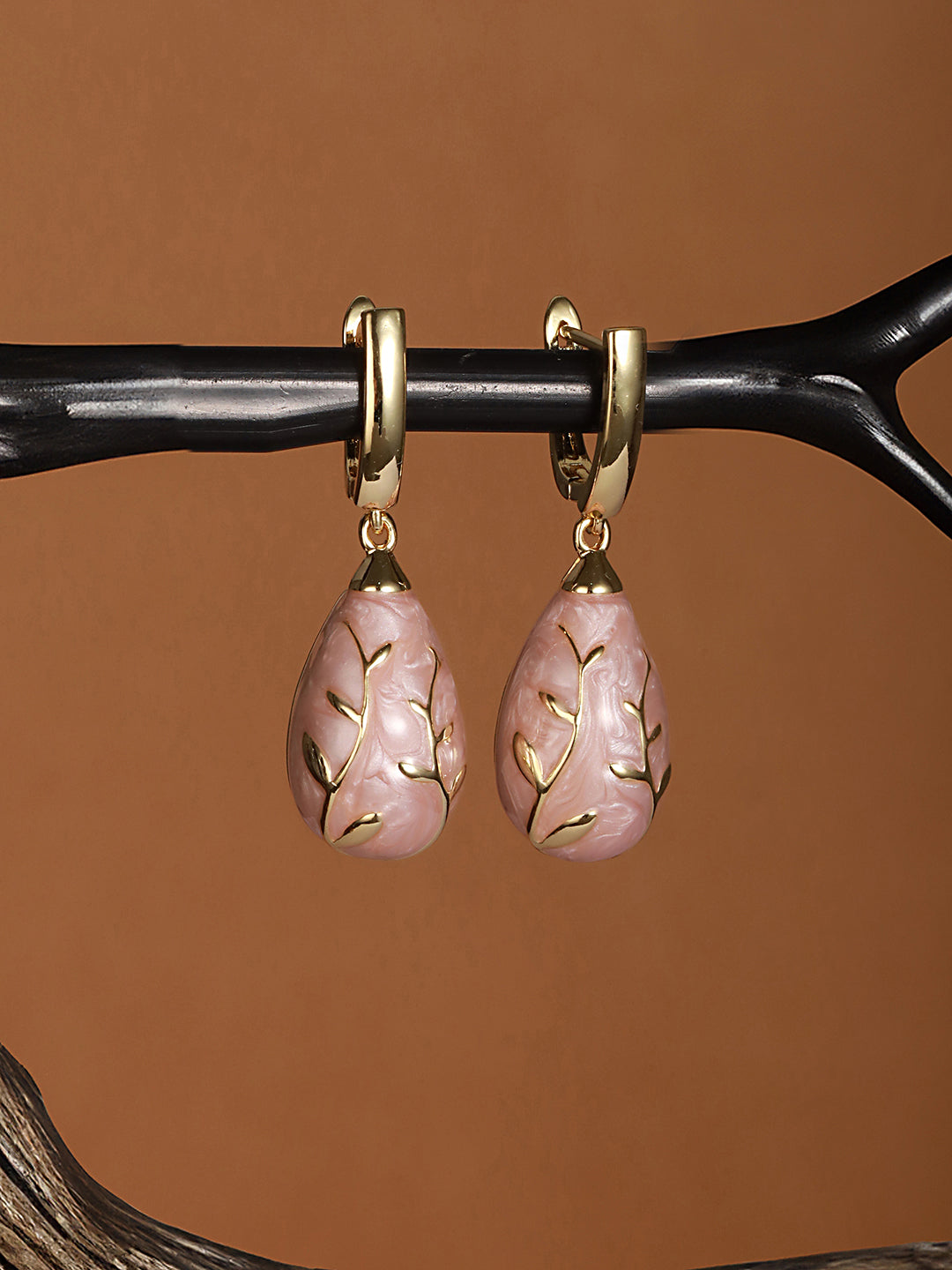 Anti-Tarnish 18 K Gold Plated & Enamelled Tear Shaped Floral Hoop Earrings