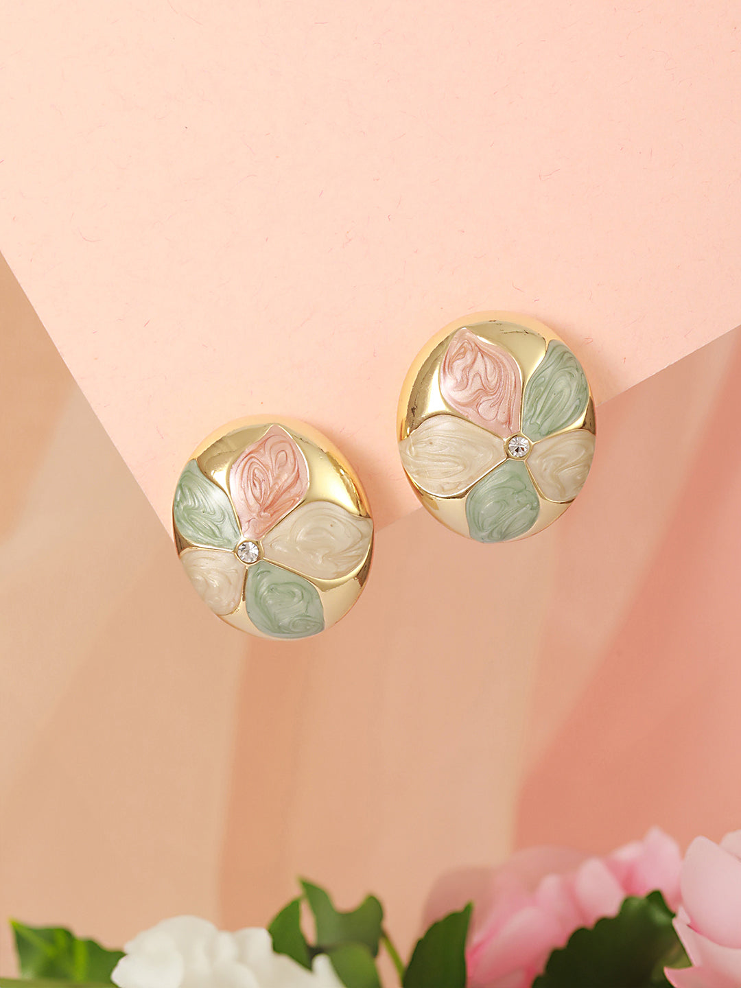 Anti-Tarnish 18k Gold Plated Floral Enamelled Large Circular Studds earrings