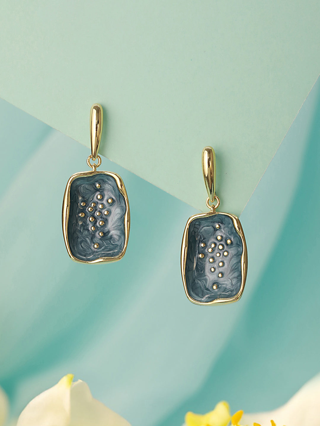 Anti-Tarnish 18k Gold Plated Grey Enamelled Golden Dot Drop Earrings