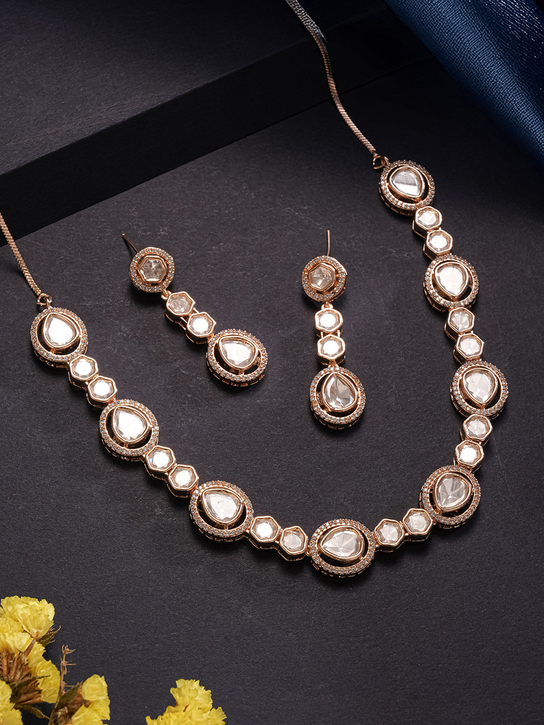 Gold Plated Polki Kundan Studded Minimal Solitaire Necklace Jewellery Set