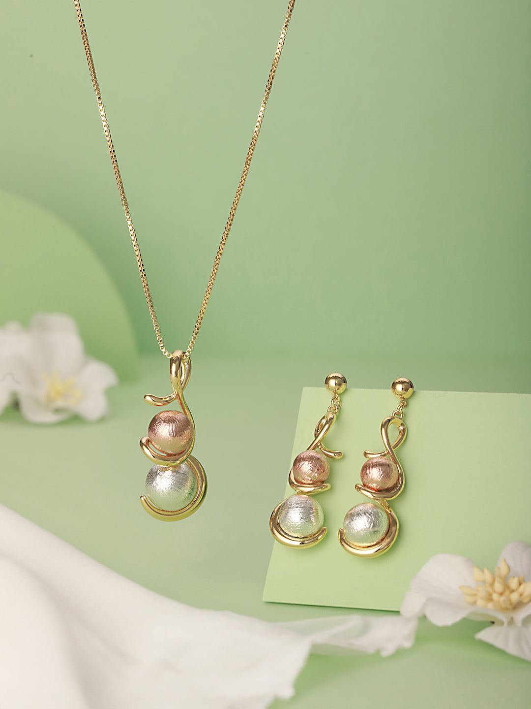 Anti-Tarnish Rose Gold & Silver Toned Twisted Ball Locket & Earrings Jewellery Set