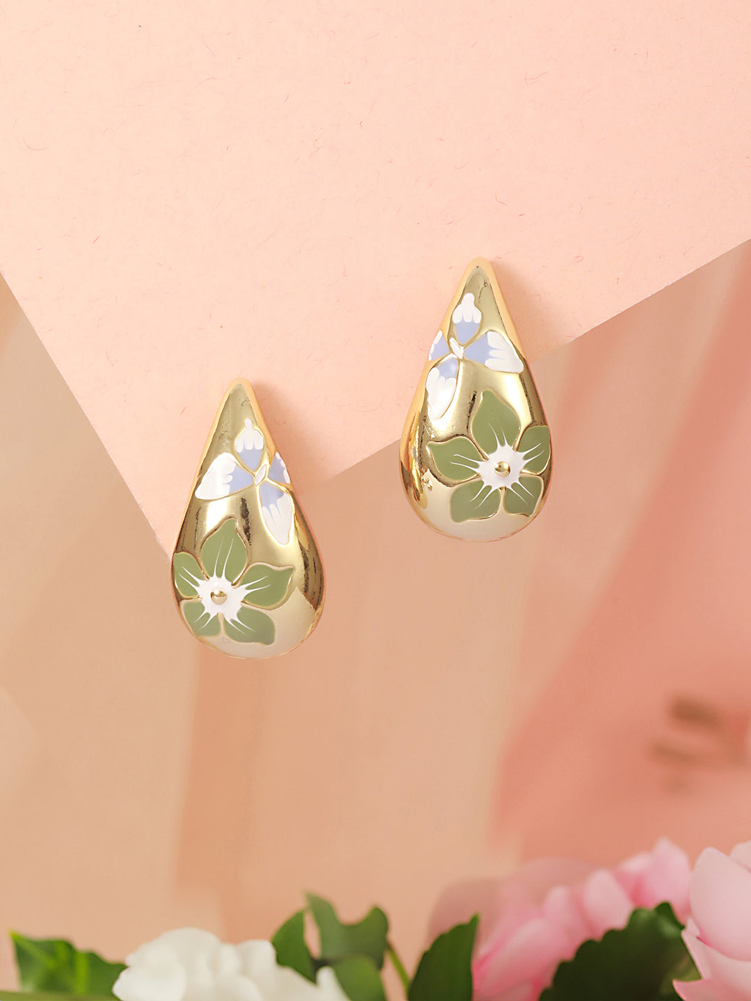 Anti-Tarnish Gold Plated & Enamelled Floral Tear Shaped Studds Earrings