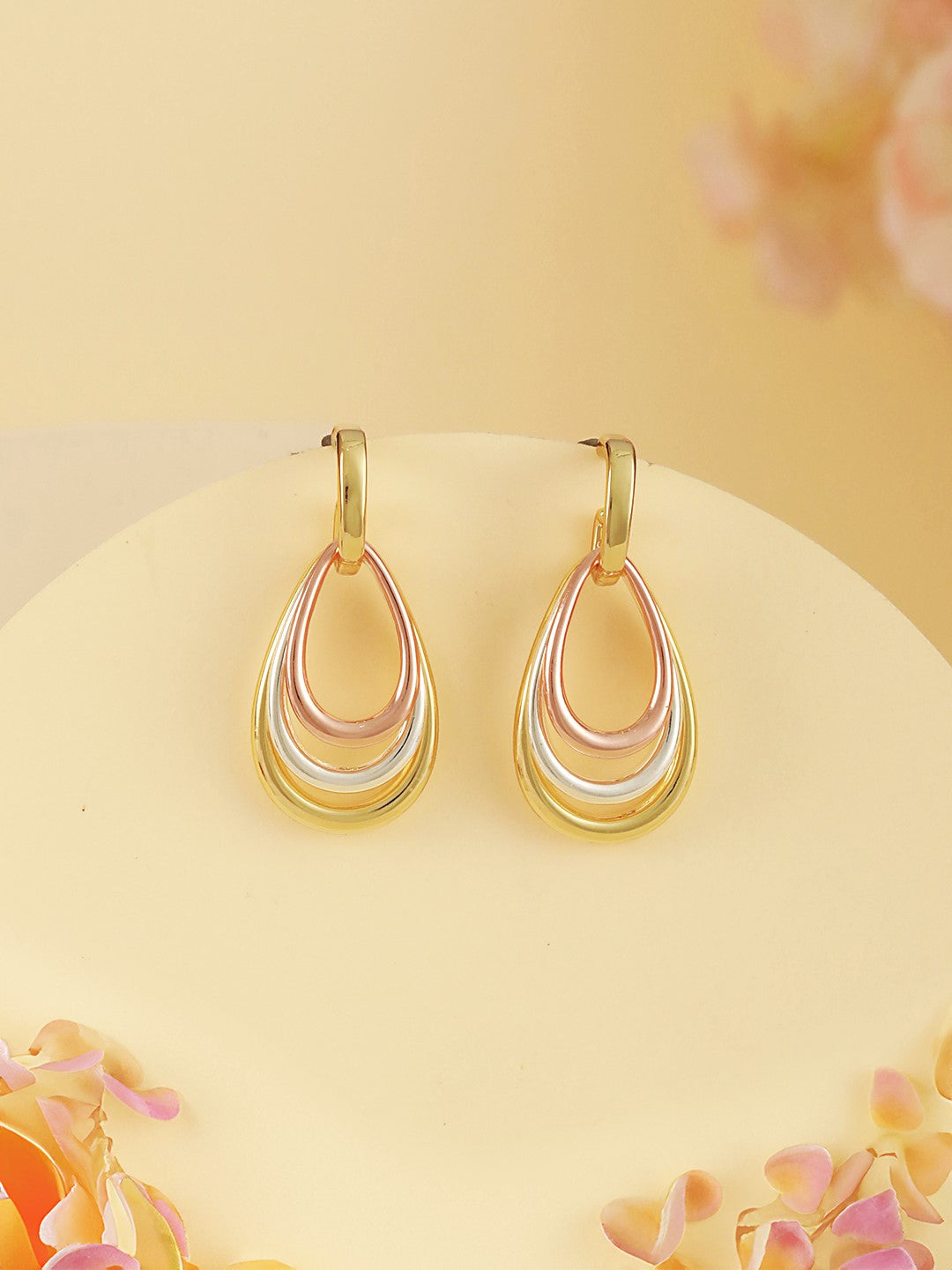 Anti-Tarnish Tri Gold Plated Concentric Drop Shaped Dangler Hoop Earrings
