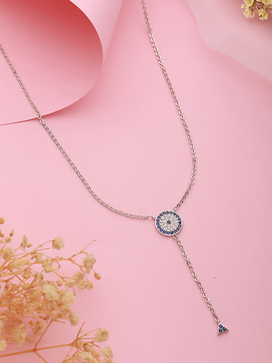 Anti-Tarnish Silver Plated AD Studded Delicate Dangling Evil Eye Necklace