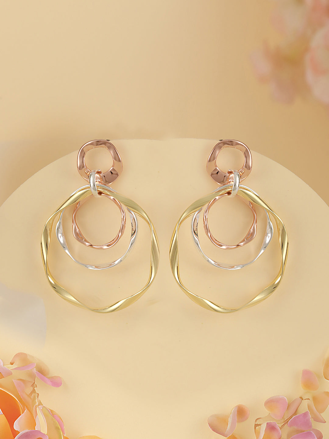 Anti-Tarnish 3 Tone Concentric Handmade Dangler Hoop Earrings