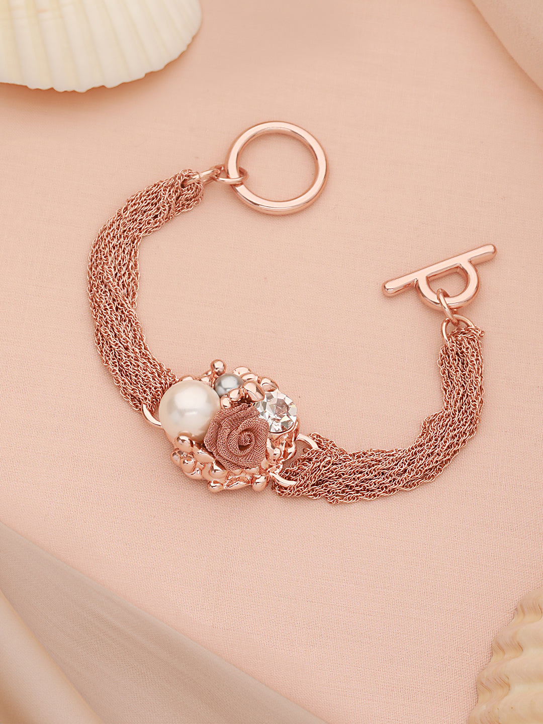 Anti-tarnish Rose Gold Plated Multi Chain Wraparound Rose Flower Broach Bracelet