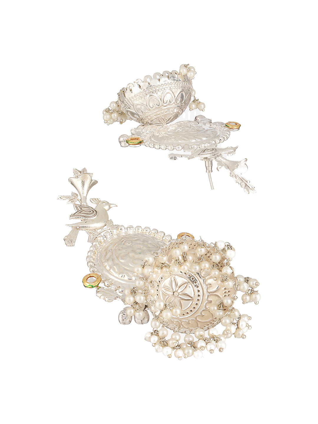 Silver Oxidised Kundan Studded Pearl Beaded Fusion Statement Light Weight Large Jhumka Earring