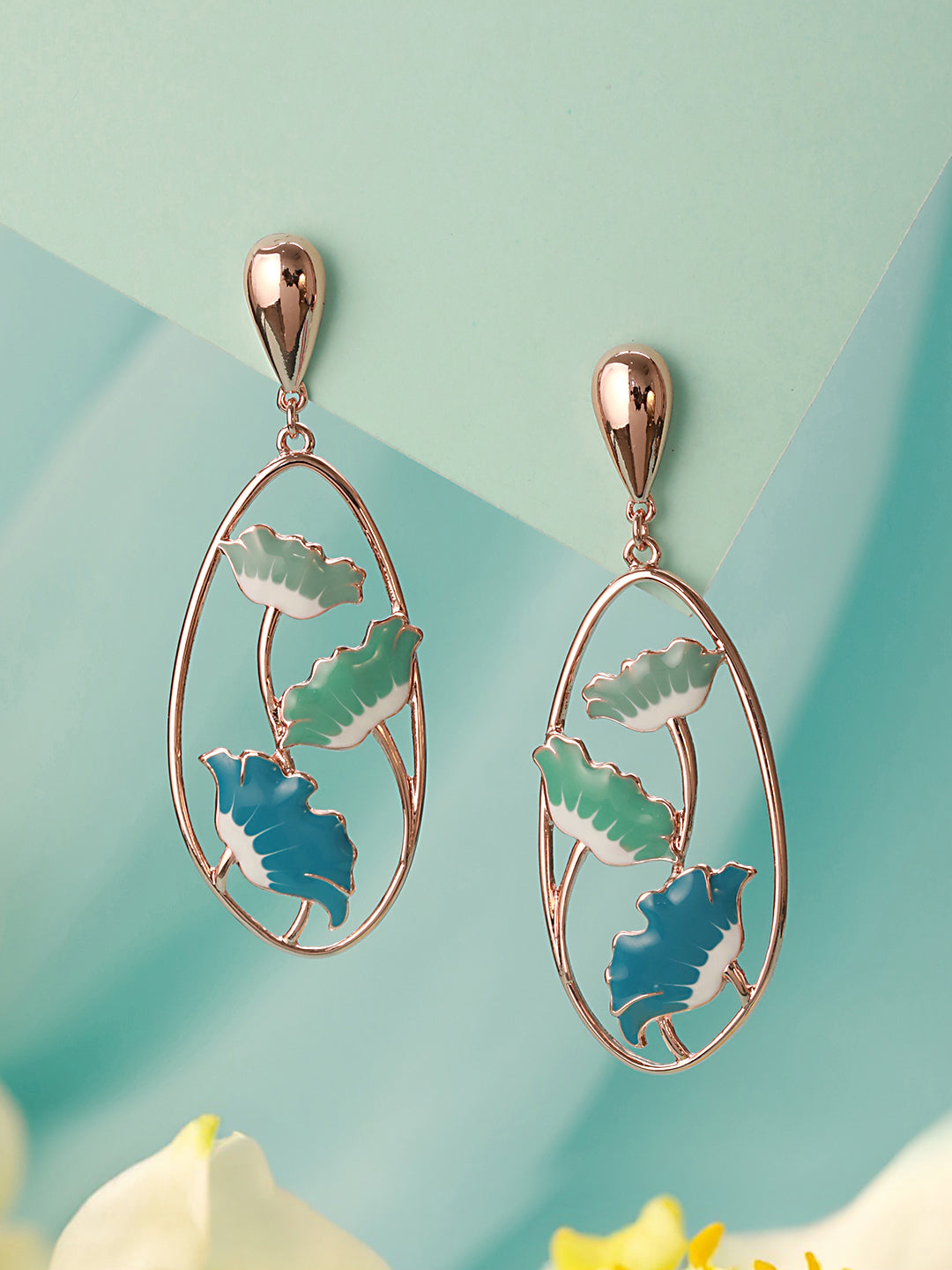 Anti-Tarnish Gold Plated  Blue  Enamelled Floral Statement Luxe Drop  Earrings