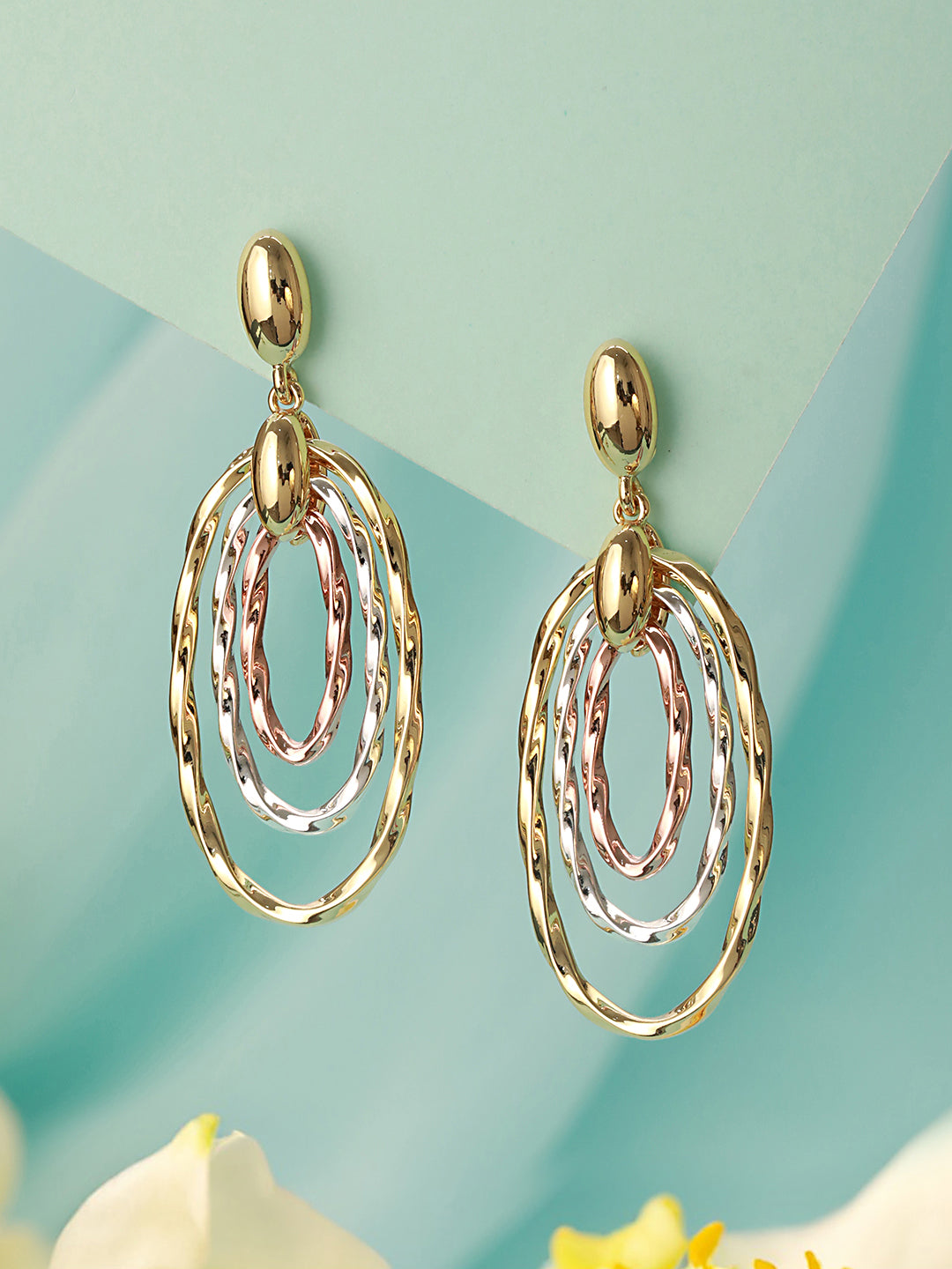Anti-Tarnish 3 Toned Twisted Elliptical Concentric Ring Hoop Earrings