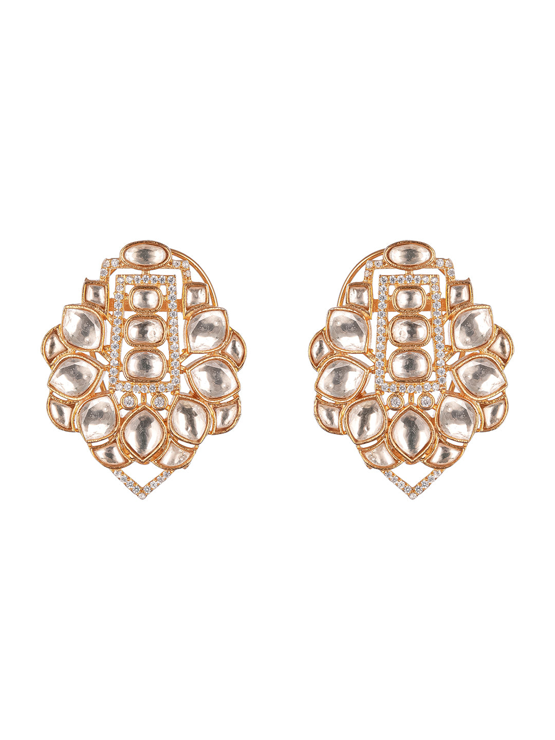 Gold Plated Polki Kundan Studded Designer Floral Bridal Large Studds Earrings