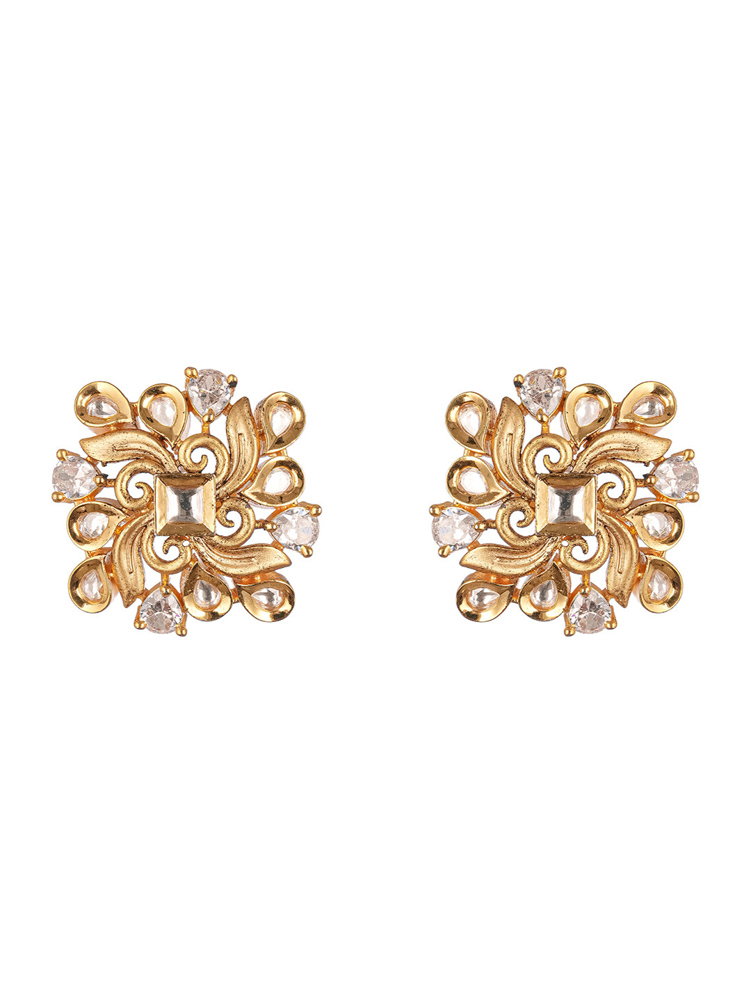 Gold Plated Kundan Studded Floral Designer Dailywear Studds Earrings