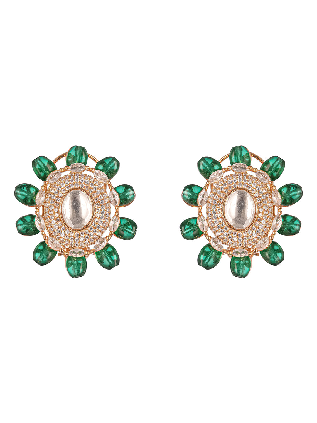 Gold Plated Green Beads & Kundan Studded Solitaire Studds Earrings