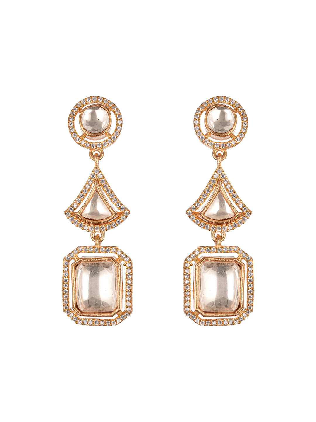 Gold Plated Uncut Polki Mossanite Kundan Studded  Quirky Shaped Dropdown Earrings