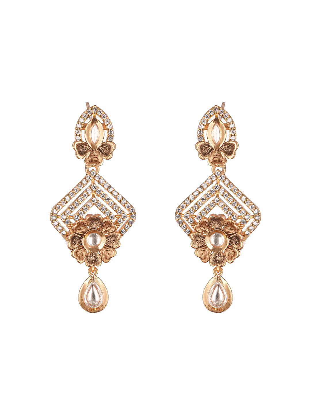 Gold Plated Uncut Polki Kundan Mossanite Studded Floral Dropdown Minimal earrings