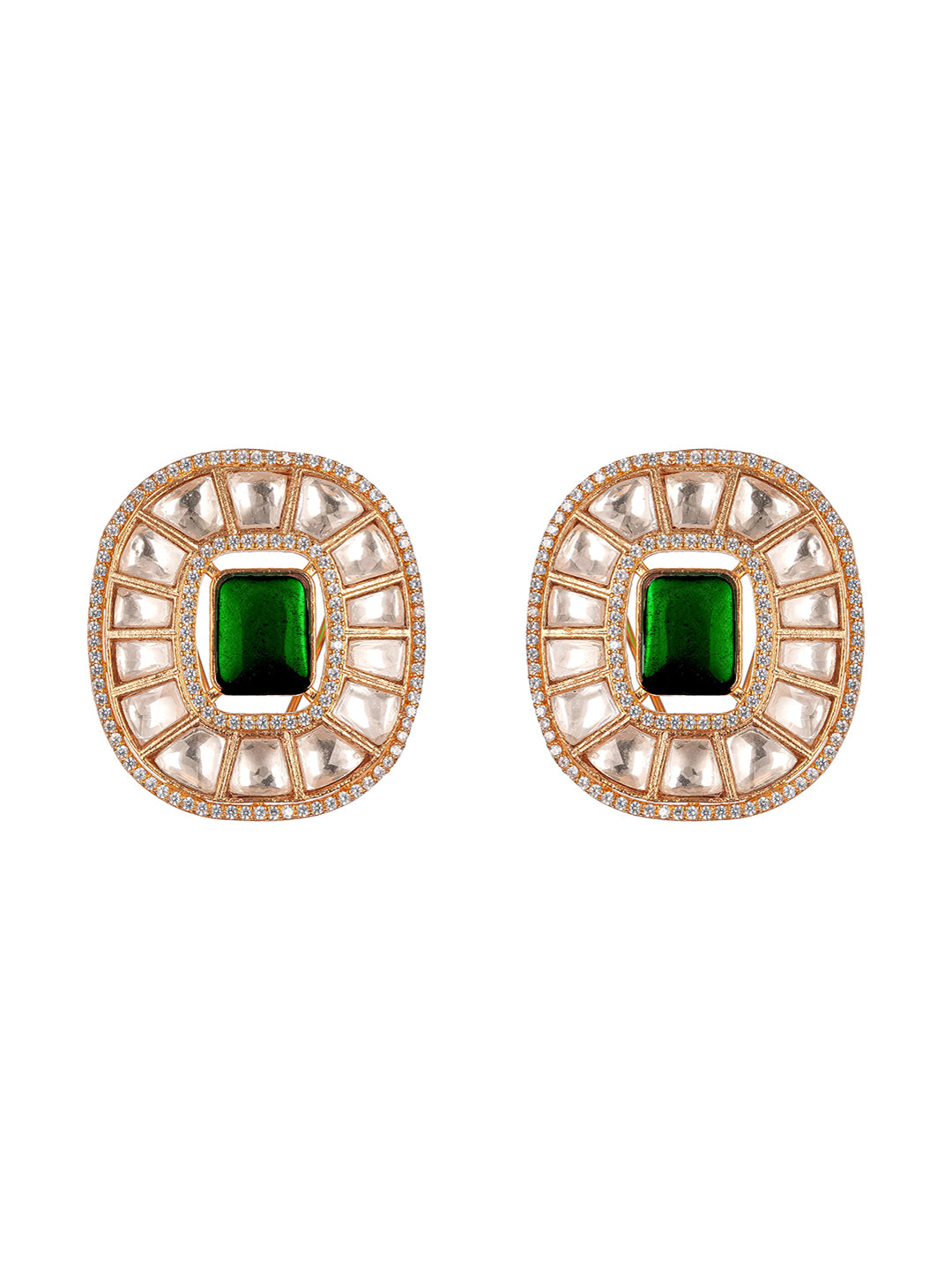 Gold Plated Green Emerald Uncut Polki Mossanite Designer Statement Studds Earrings