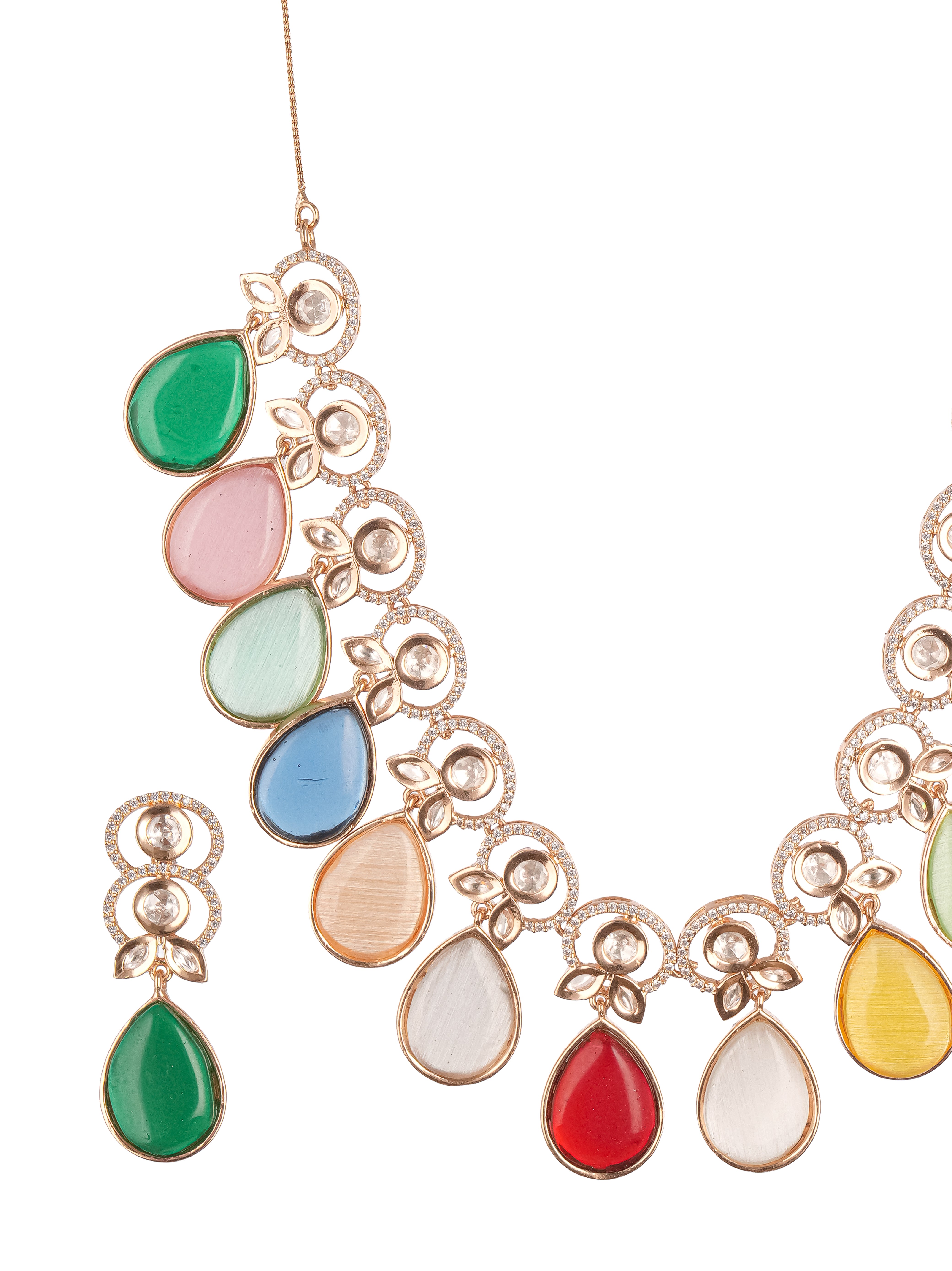 Gold Plated Navratan Multicoloured Kundan Studded Layered Floral Designer Jewellery Set