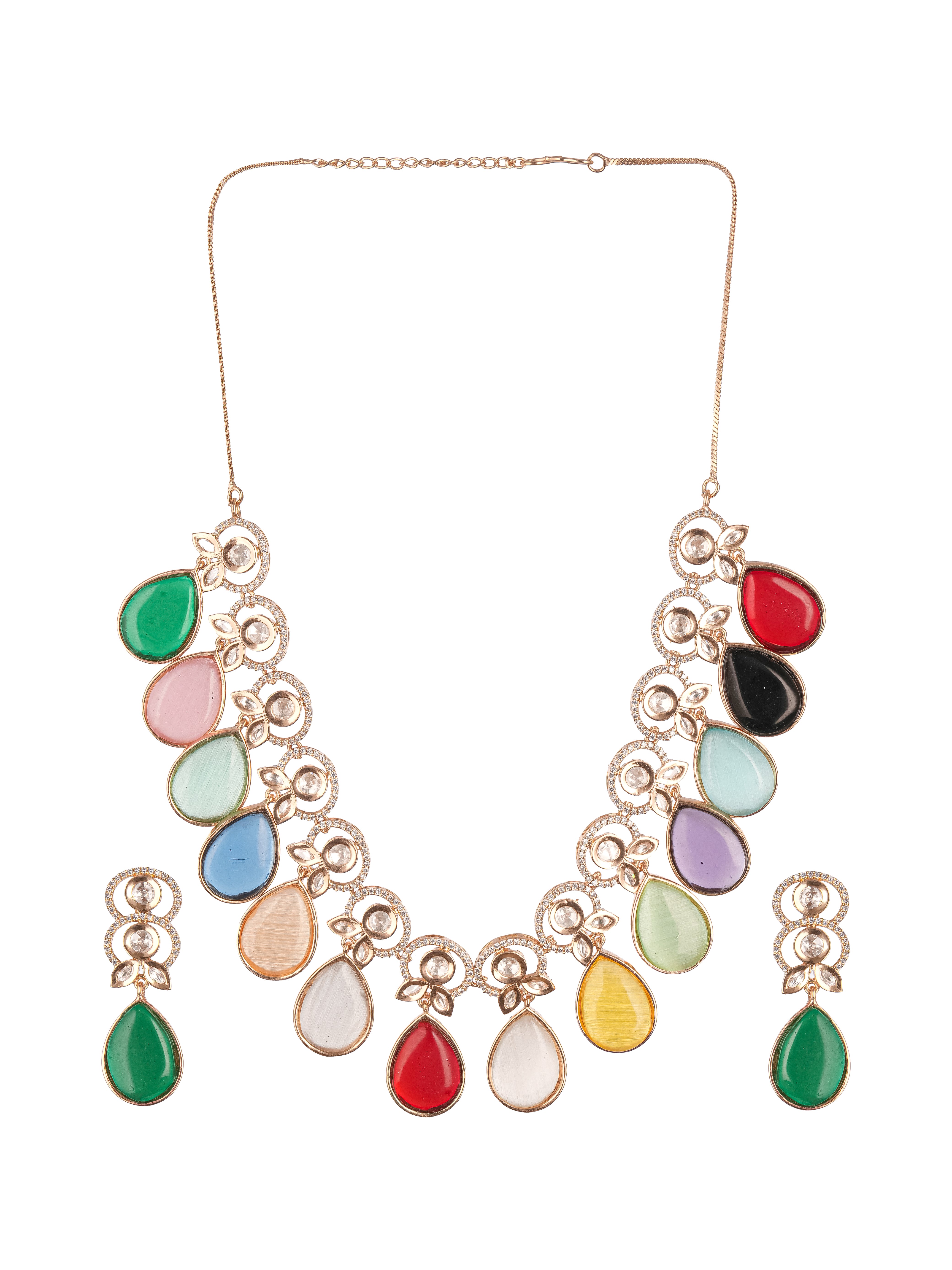 Gold Plated Navratan Multicoloured Kundan Studded Layered Floral Designer Jewellery Set