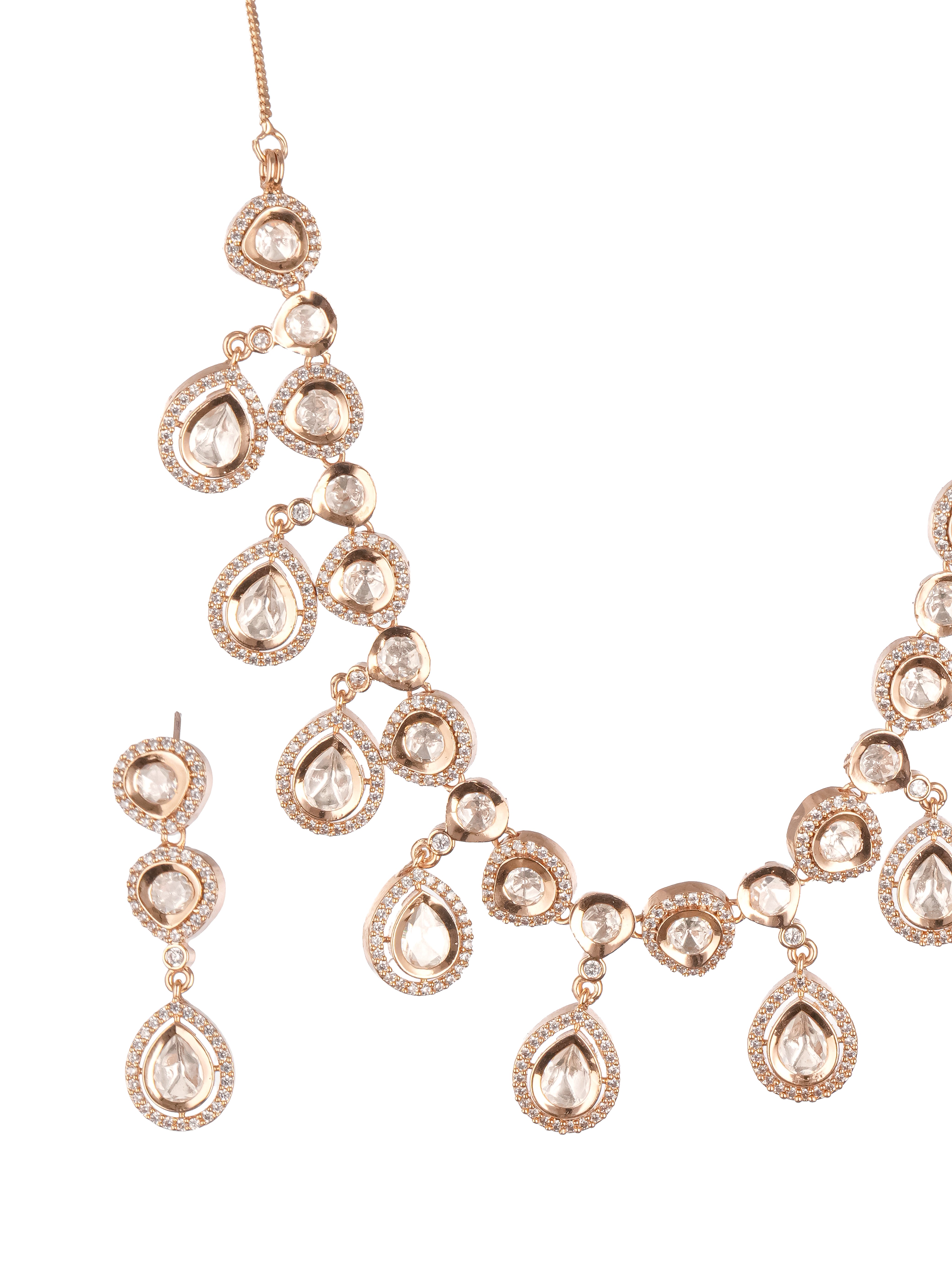 Gold Plated Kundan Polki Studded Designer  Bridesmaid Minimal Necklace Jewellery Set