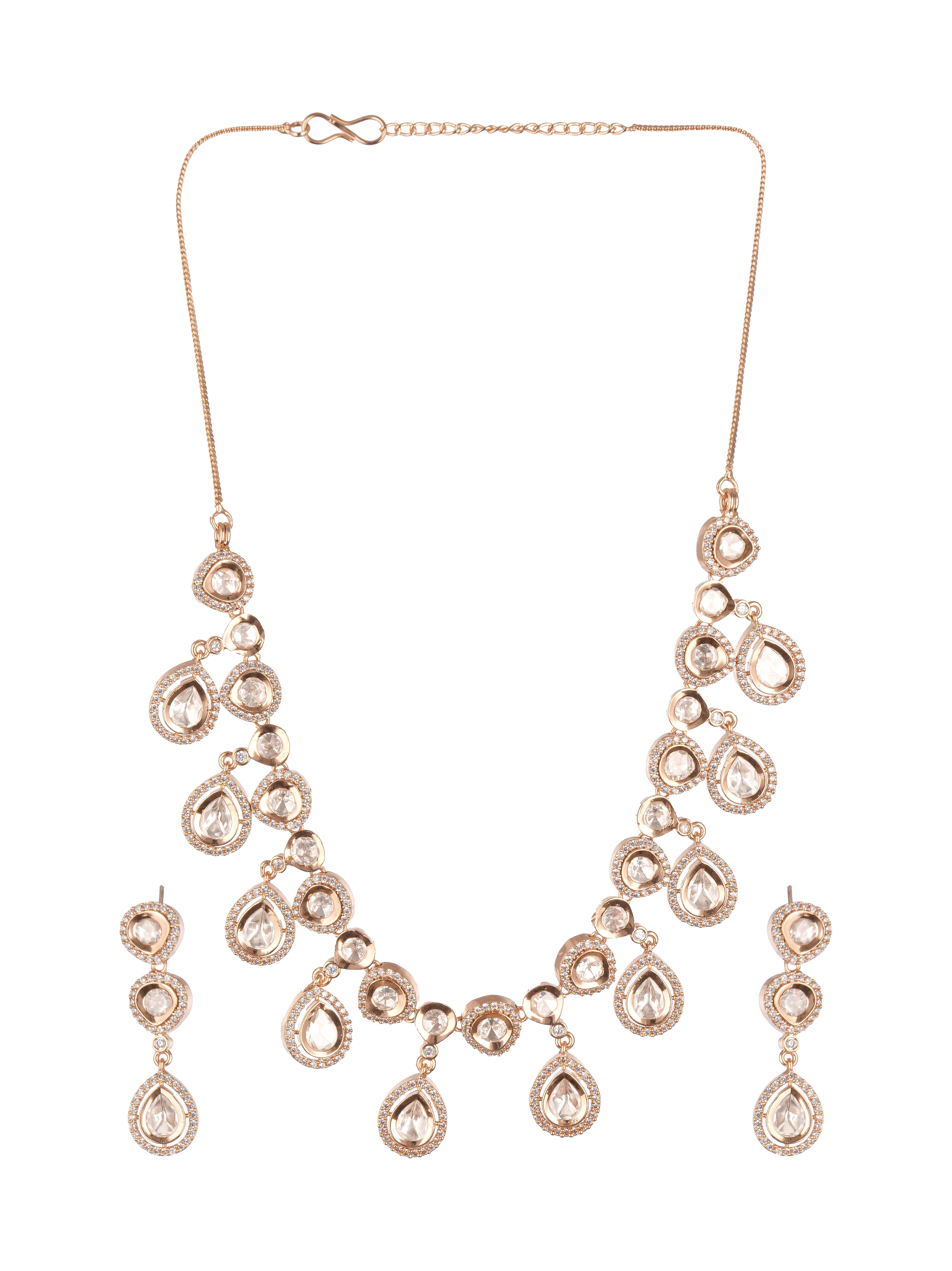 Gold Plated Kundan Polki Studded Designer  Bridesmaid Minimal Necklace Jewellery Set