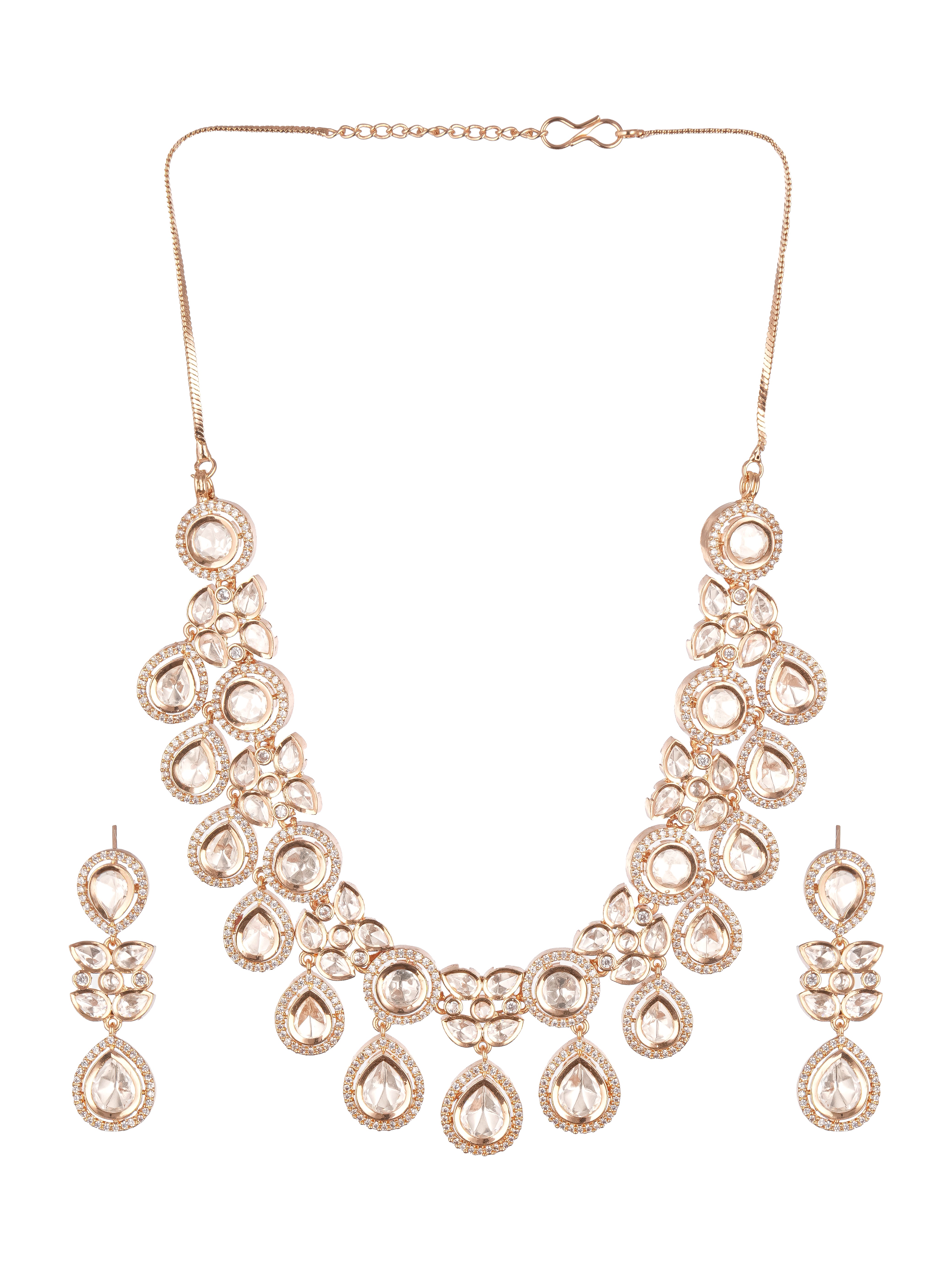 Gold Plated Polki Kundan Studded Bridal Floral Necklace Jewellery Set