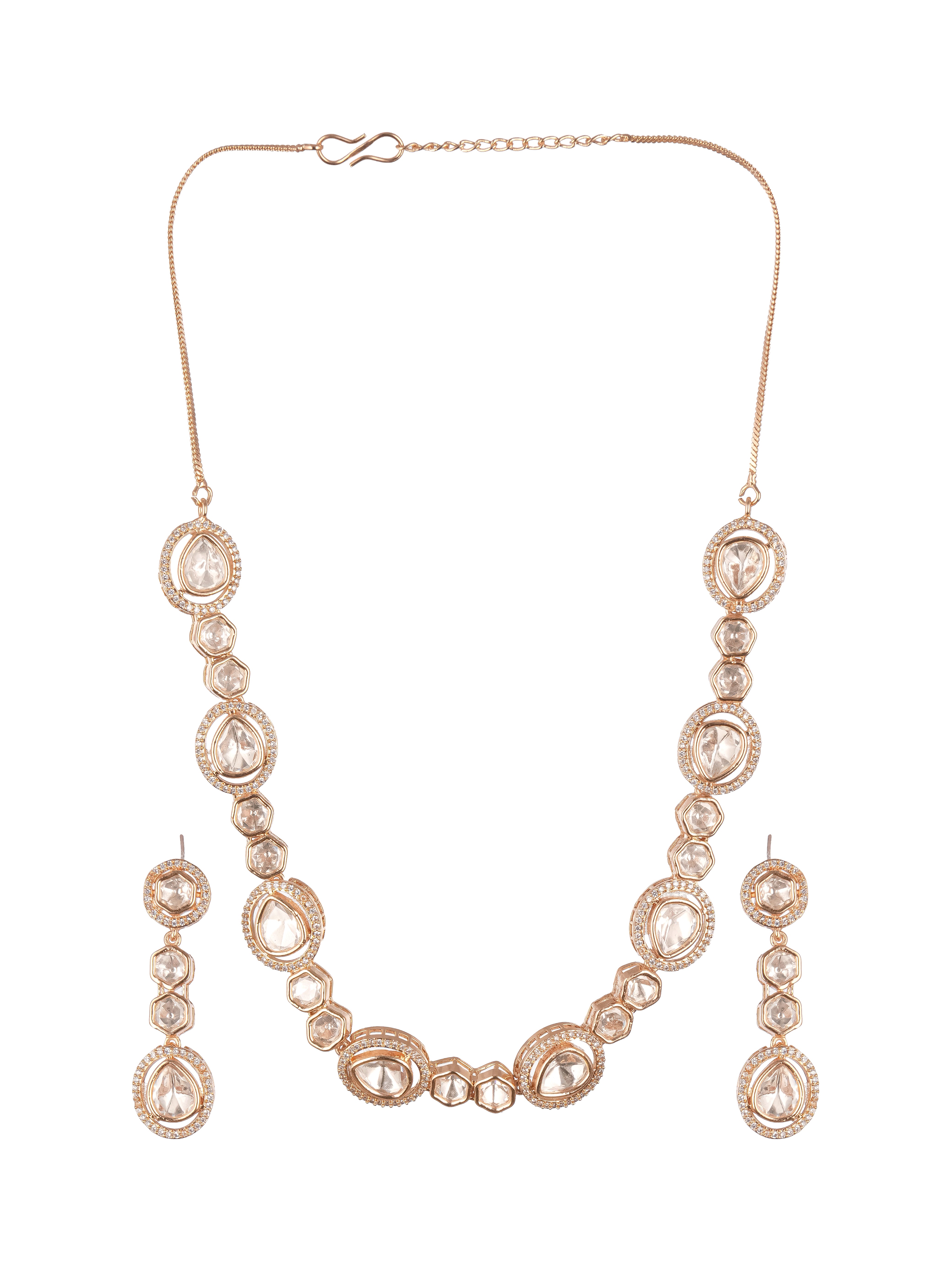 Gold Plated Polki Kundan Studded Minimal Solitaire Necklace Jewellery Set