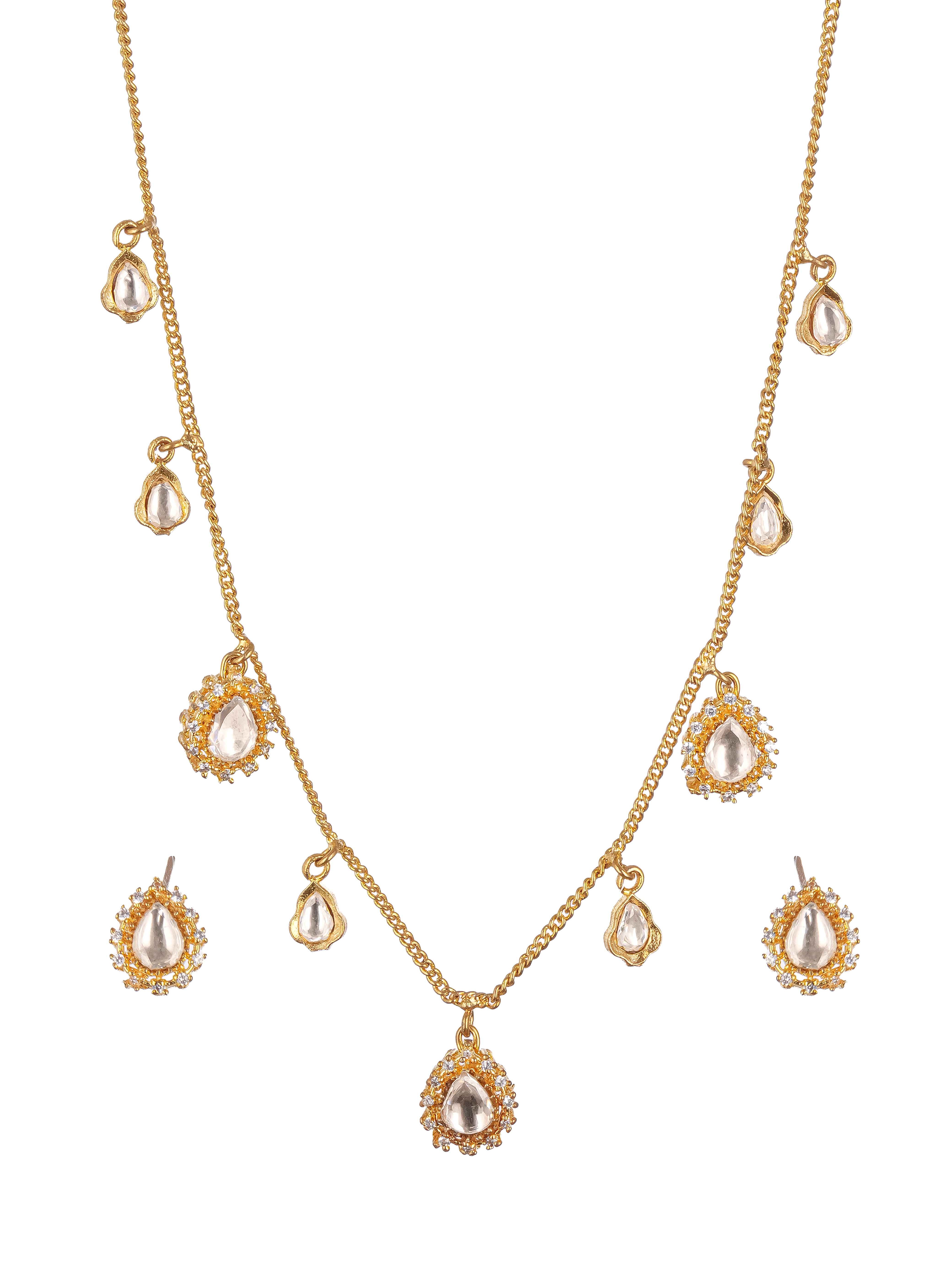 Gold Plated Kundan Polki Studded Tear Drop Delicate Chain Jewellery Set