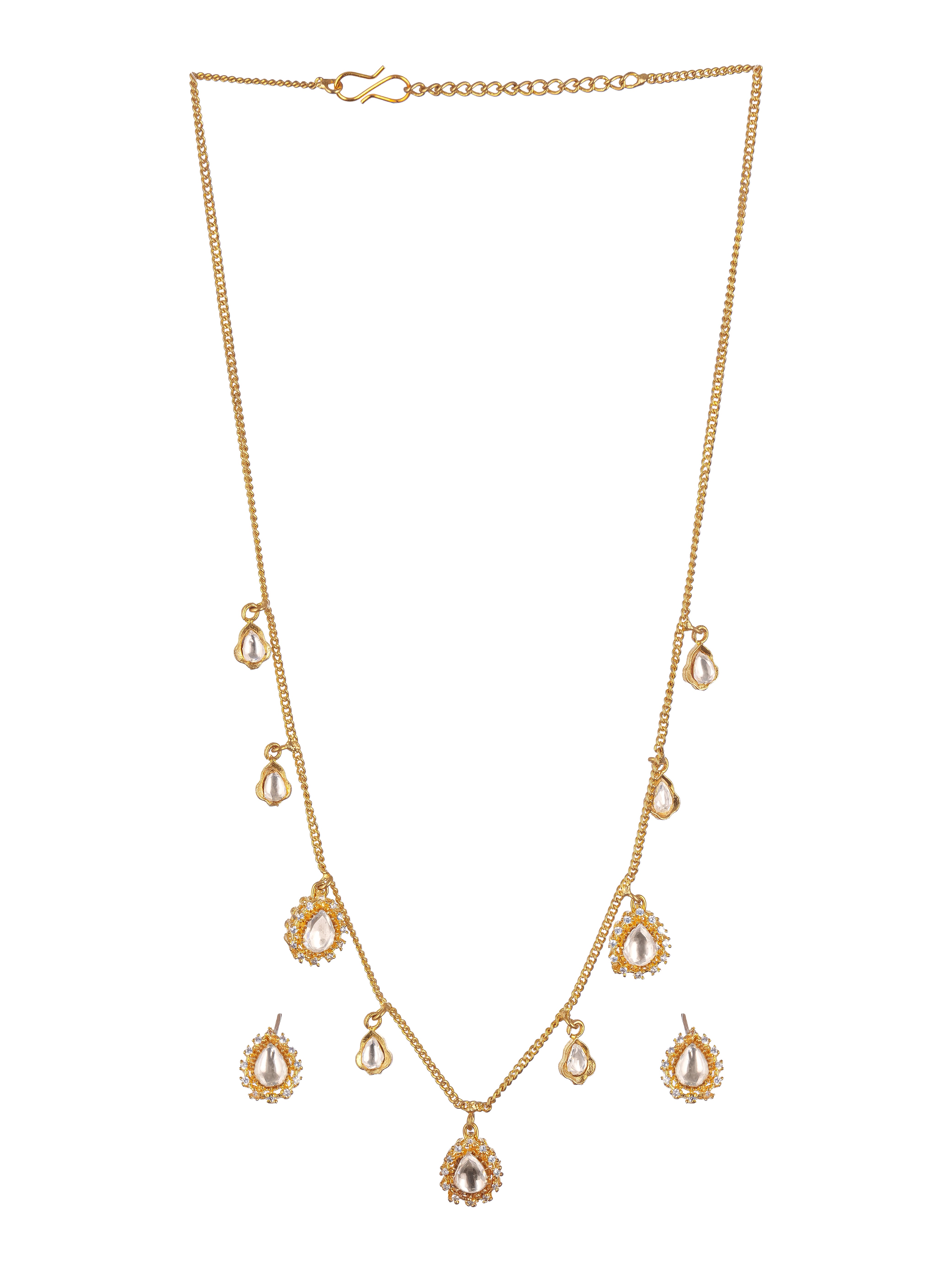 Gold Plated Kundan Polki Studded Tear Drop Delicate Chain Jewellery Set