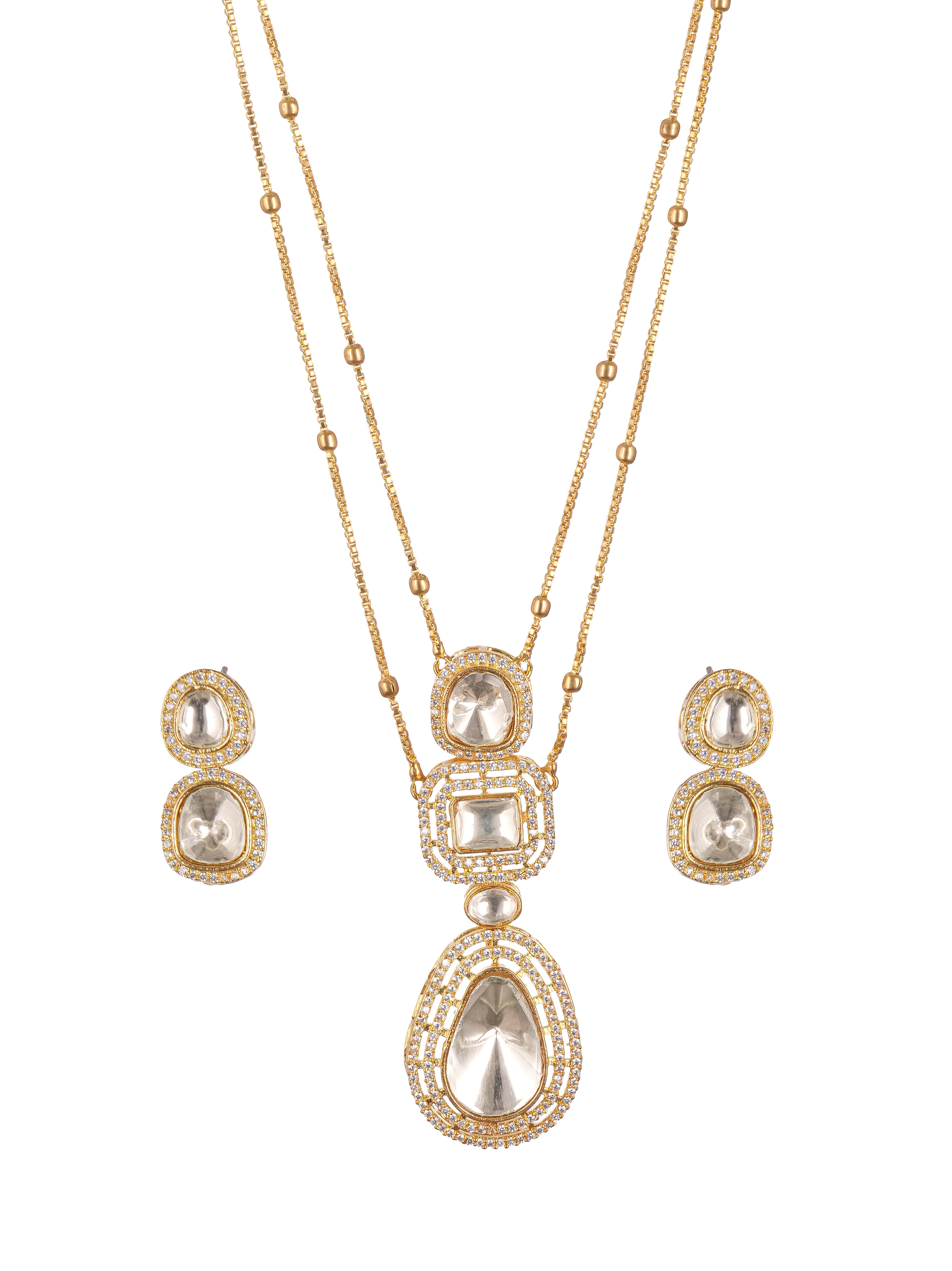 Gold Plated White Victorian  Kundan Polki  Studded Festive Minimal Pendant Chain Jewellery Set