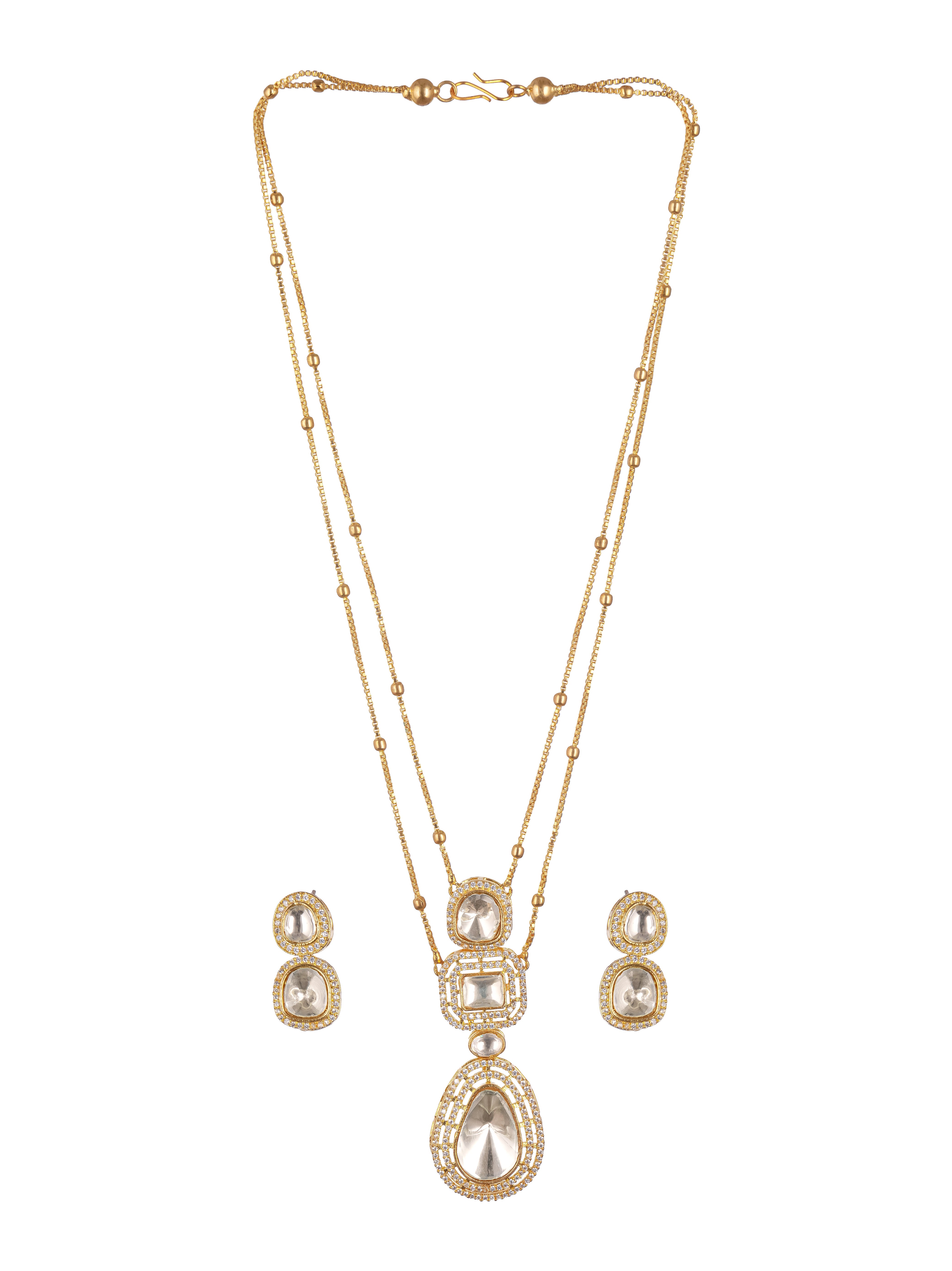 Gold Plated White Victorian  Kundan Polki  Studded Festive Minimal Pendant Chain Jewellery Set