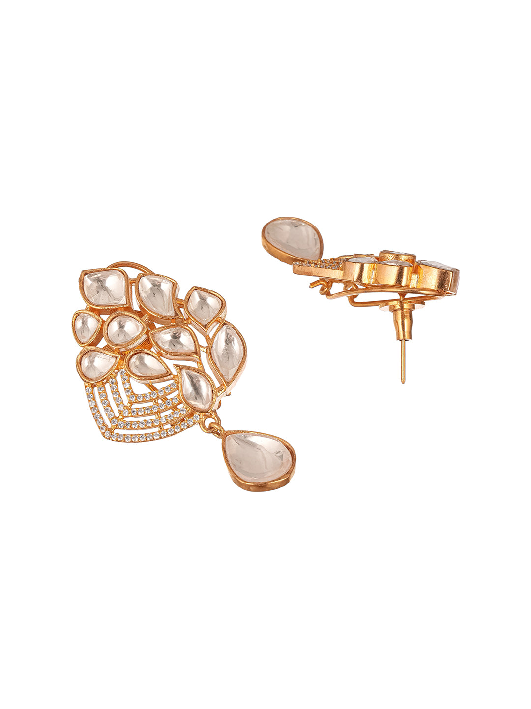 Gold Plated Uncut Polki Mosannite Kundan Studded Floral Drop Studds Earrings