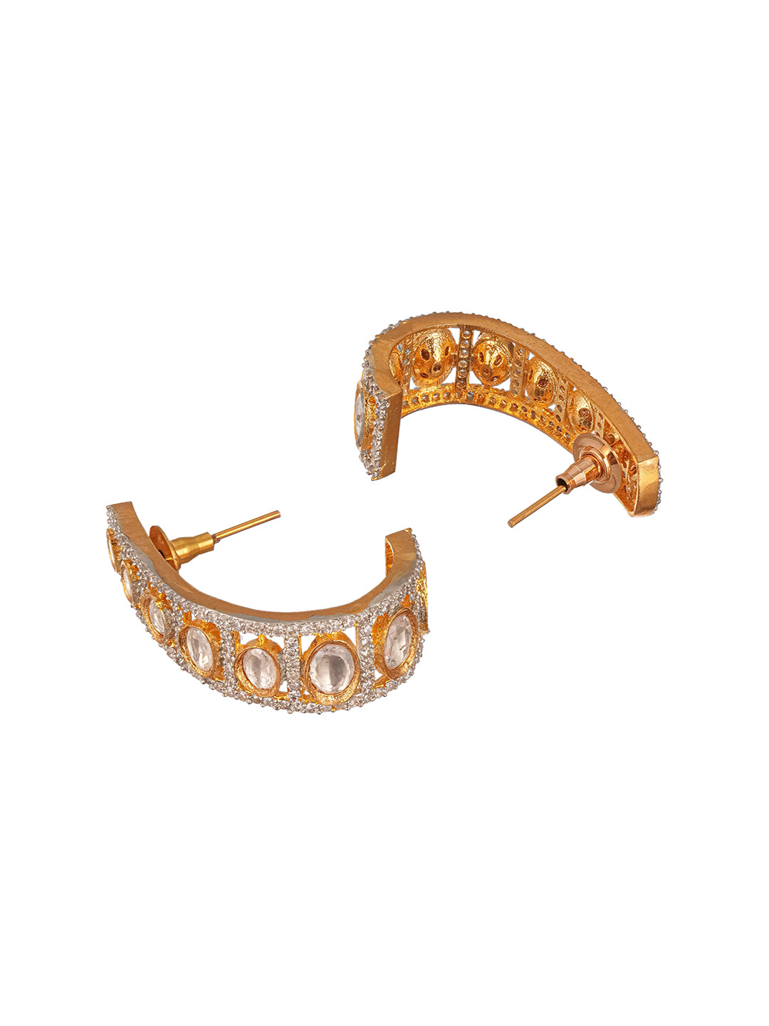 Gold Plated Uncut Kundan Polki Mossanite Minimal  Half Hoop C - Bali Studds Earrings