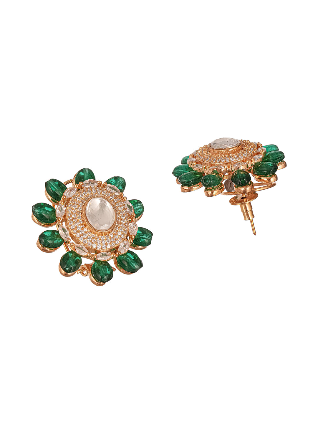 Gold Plated Green Beads & Kundan Studded Solitaire Studds Earrings