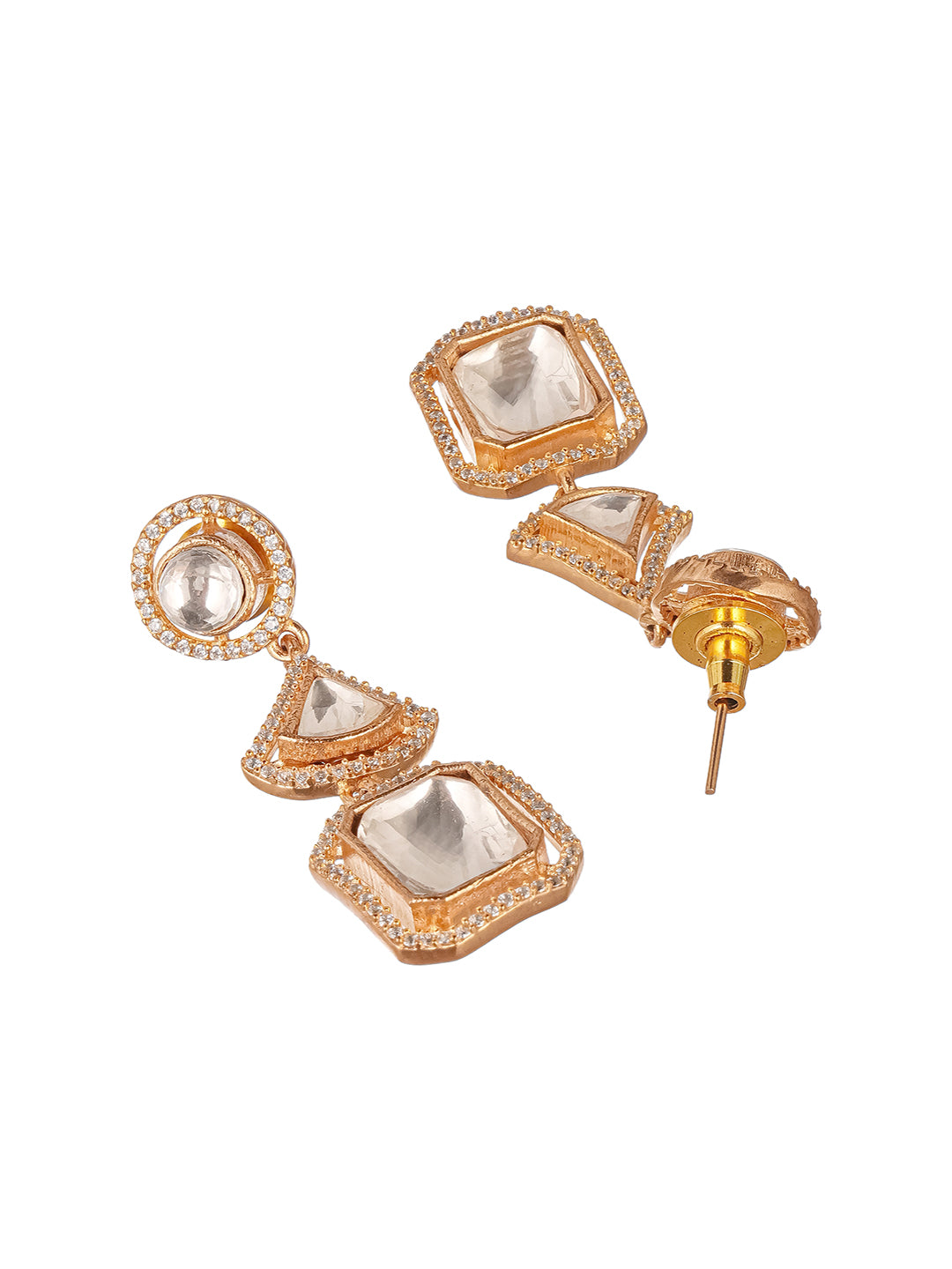 Gold Plated Uncut Polki Mossanite Kundan Studded  Quirky Shaped Dropdown Earrings