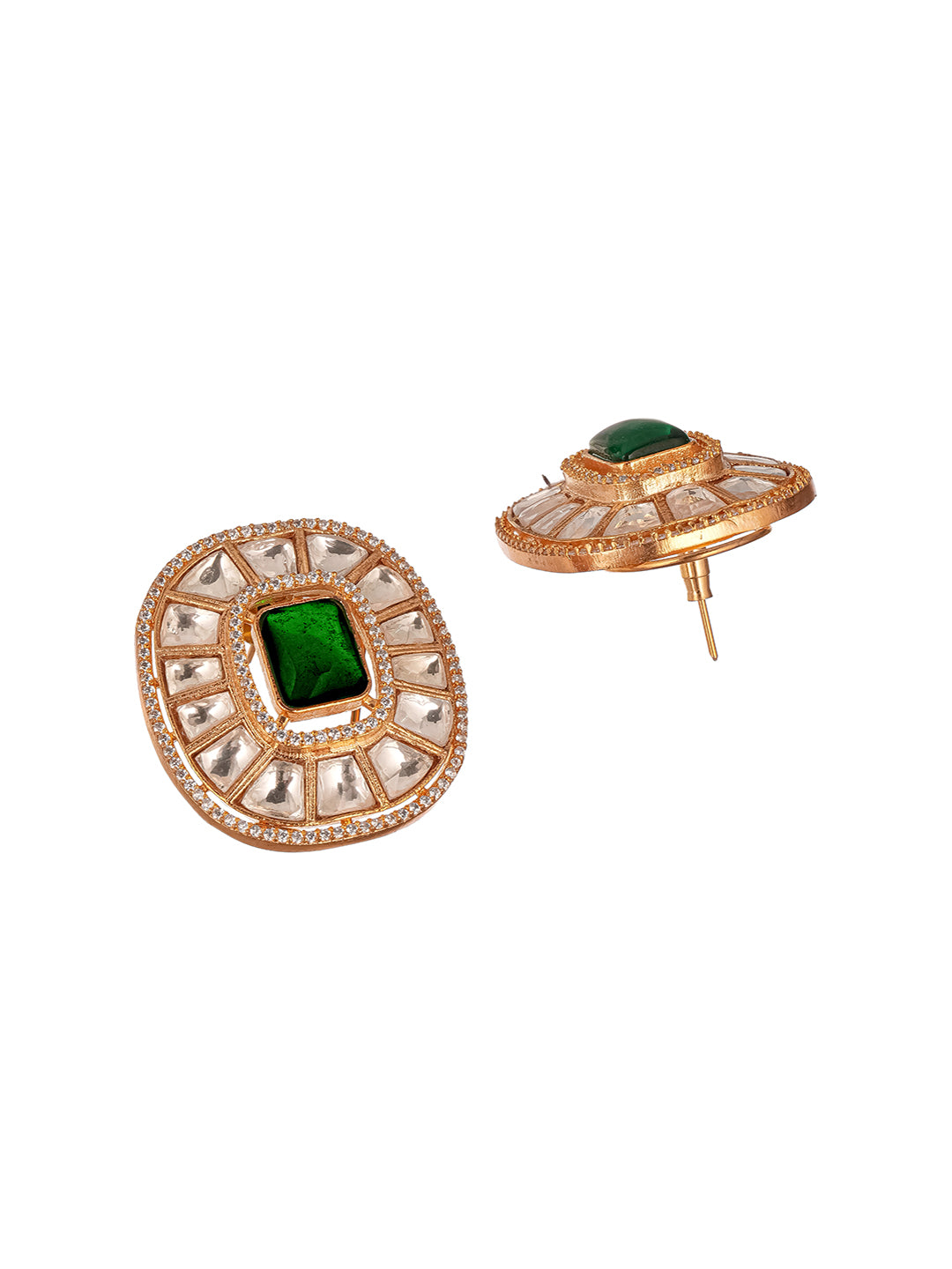 Gold Plated Green Emerald Uncut Polki Mossanite Designer Statement Studds Earrings