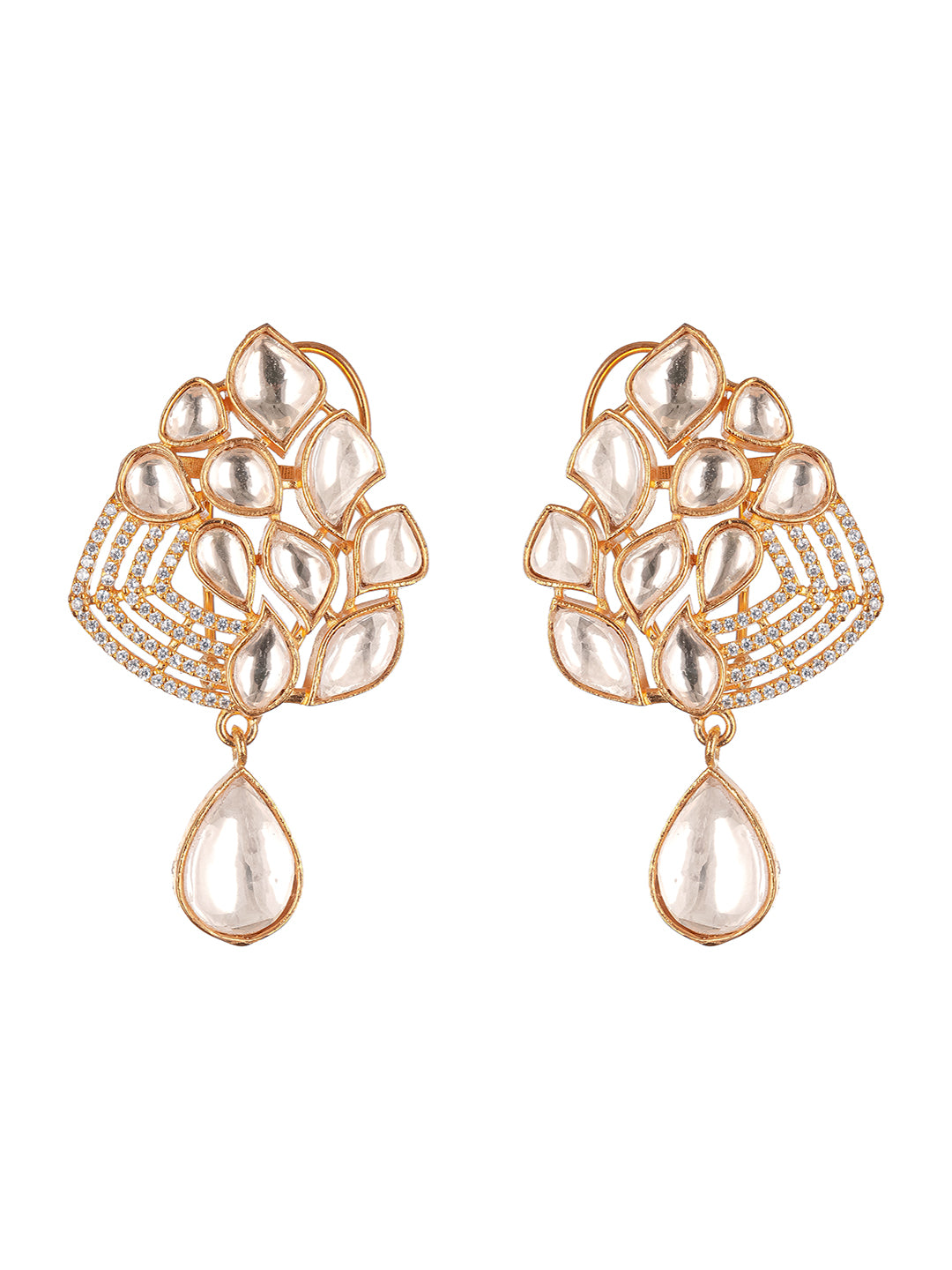 Gold Plated Uncut Polki Mosannite Kundan Studded Floral Drop Studds Earrings