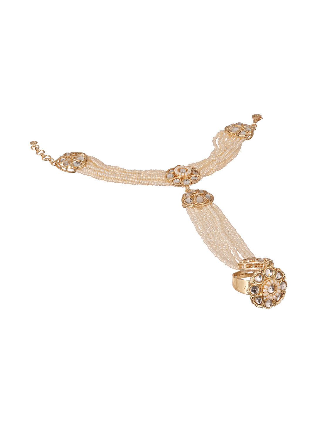 Gold Plated Kundan Studded Designer Pearl Beaded Bridal Haath Pan Haathphool