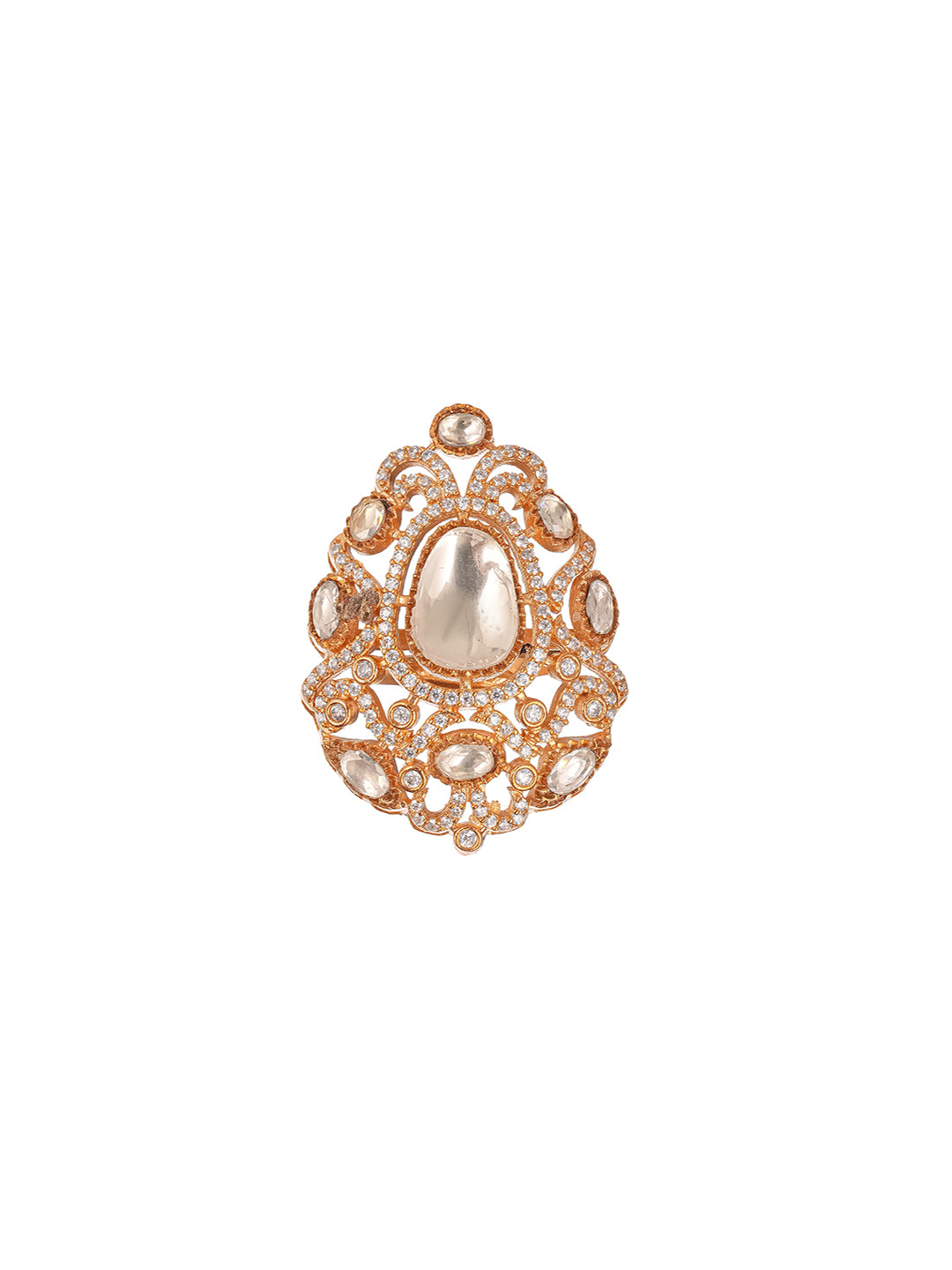 Gold Plated Kundan  Moissanite Studded Filigree Luxe Tilak Shaped Cocktail Finger Ring