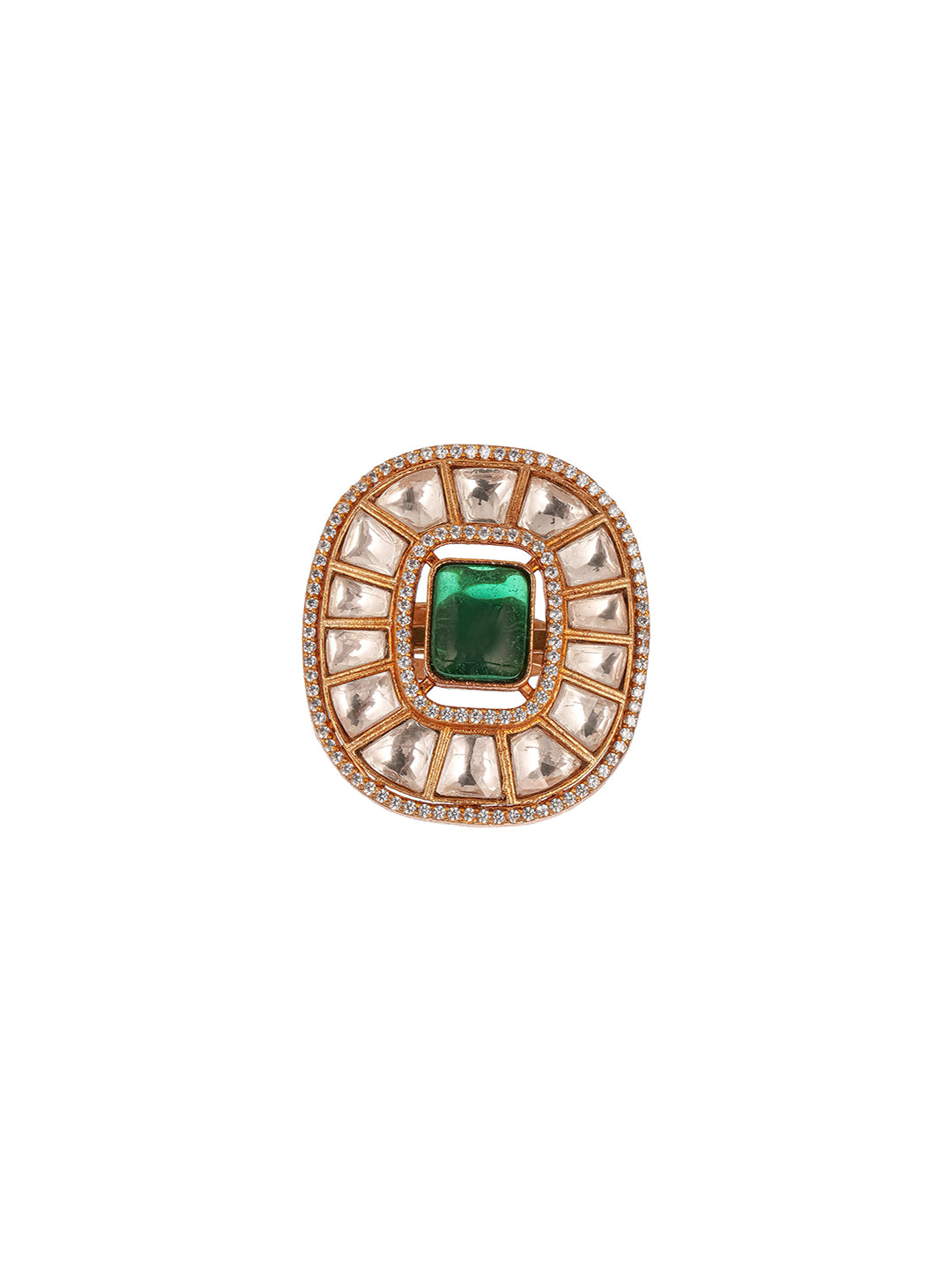 Gold Plated Green Emerald Kundan Studded Geometric Adjustable Cocktail Finger Ring