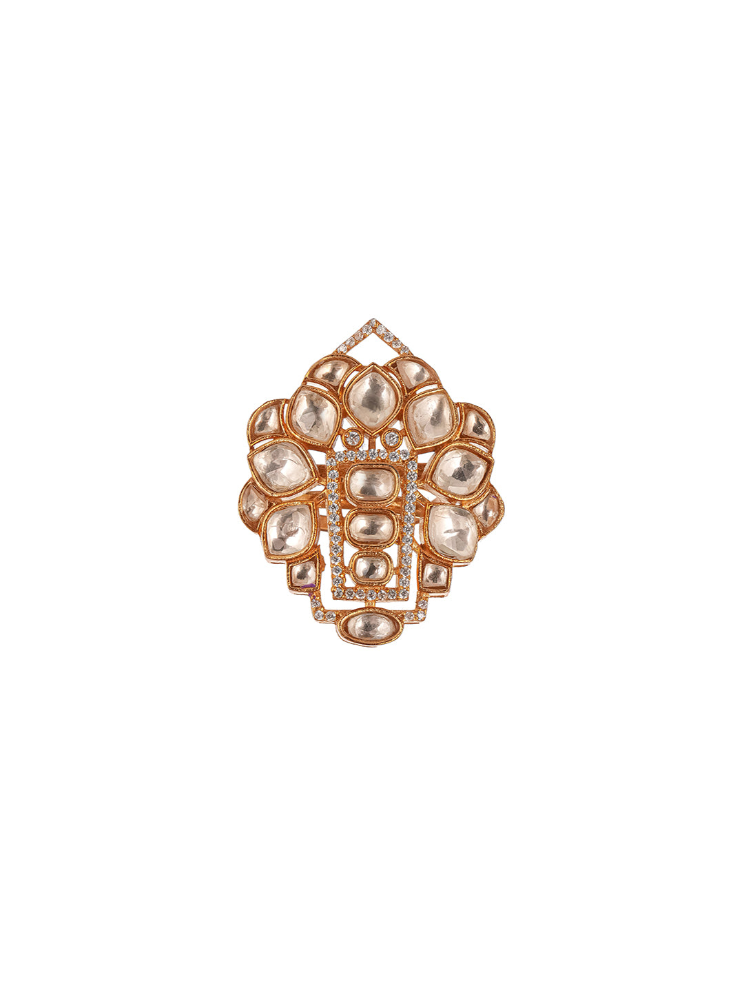 Gold Plated Uncut Polki Kundan Mossanite Studded Designer  Floral Adjustable Finger Ring