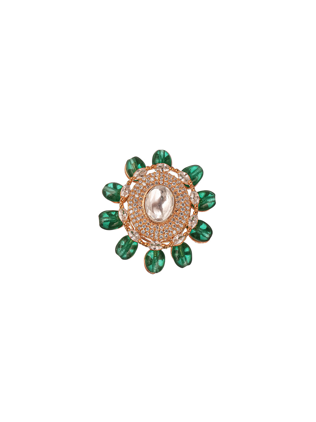 Gold Plated Kundan Mossanite Green Beads Studded Designer Adjustable Finger Rings