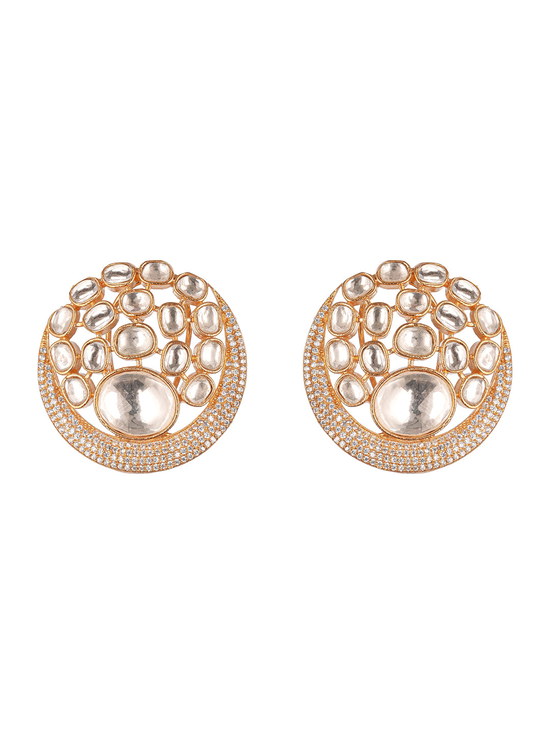 Gold Plated Uncut Polki Mossanite Kundan Studded  Bridal Designer Circular Studds Earrings
